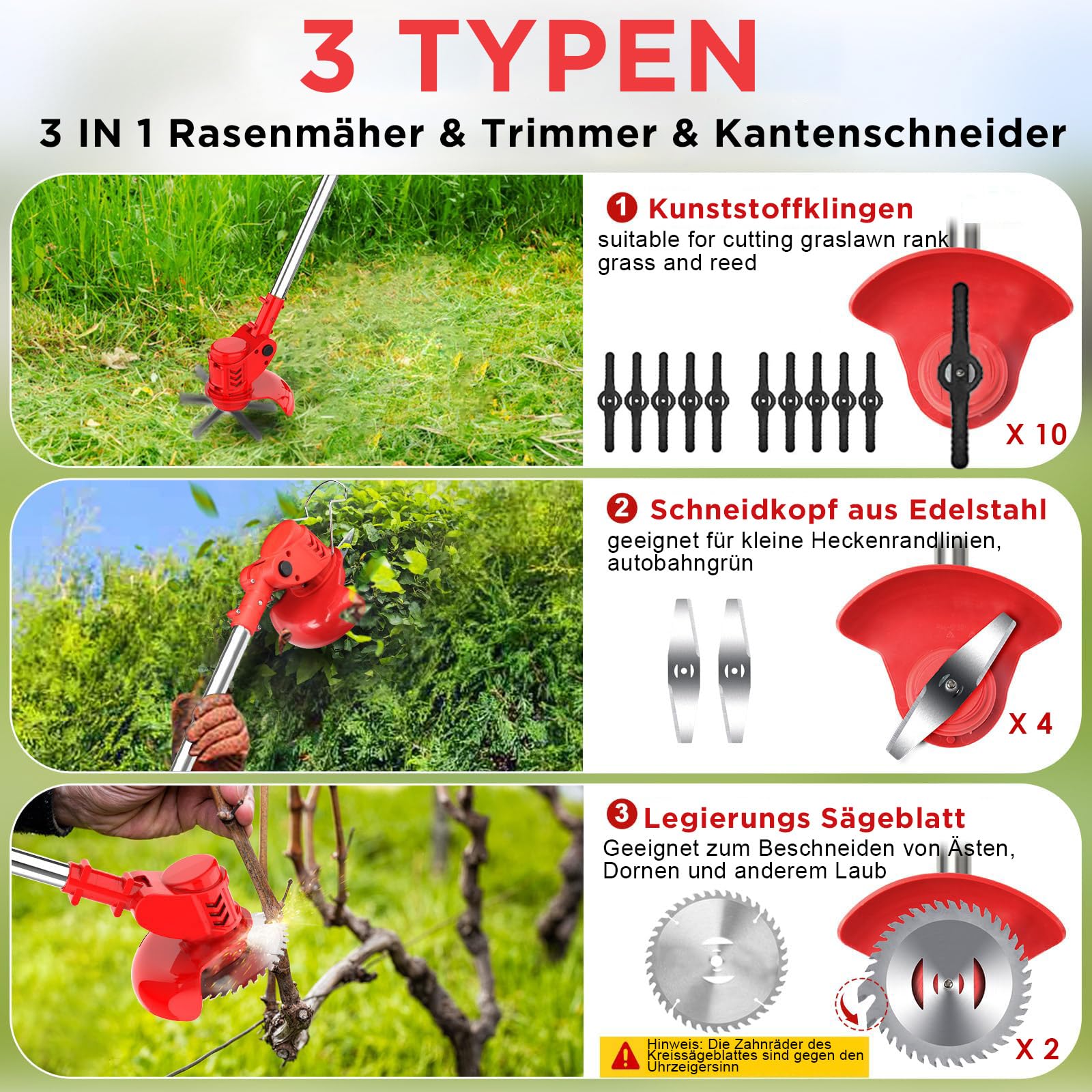 TWZ Débroussailleuse Sans Fil 3-en-1 21V - 2 Batteries 1500mAh + 16 Lames - Tondeuse, Coupe-Bordures, Scie Arbustes
