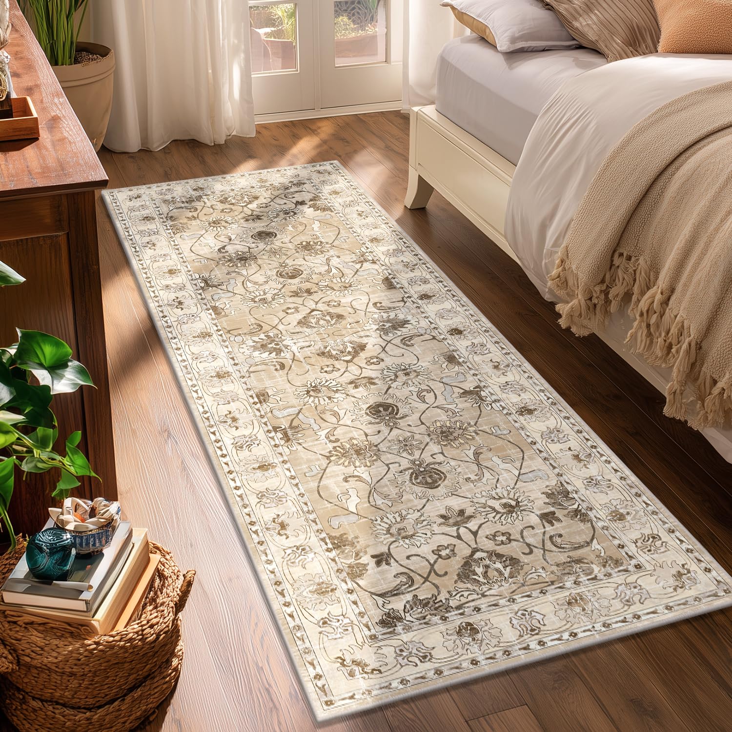 Yamaziot Washable Runner Rug 2x6 Non-Slip Vintage Floral Hallway Rug with Rubber Backing Low Pile Non-Shedding Soft Distressed
