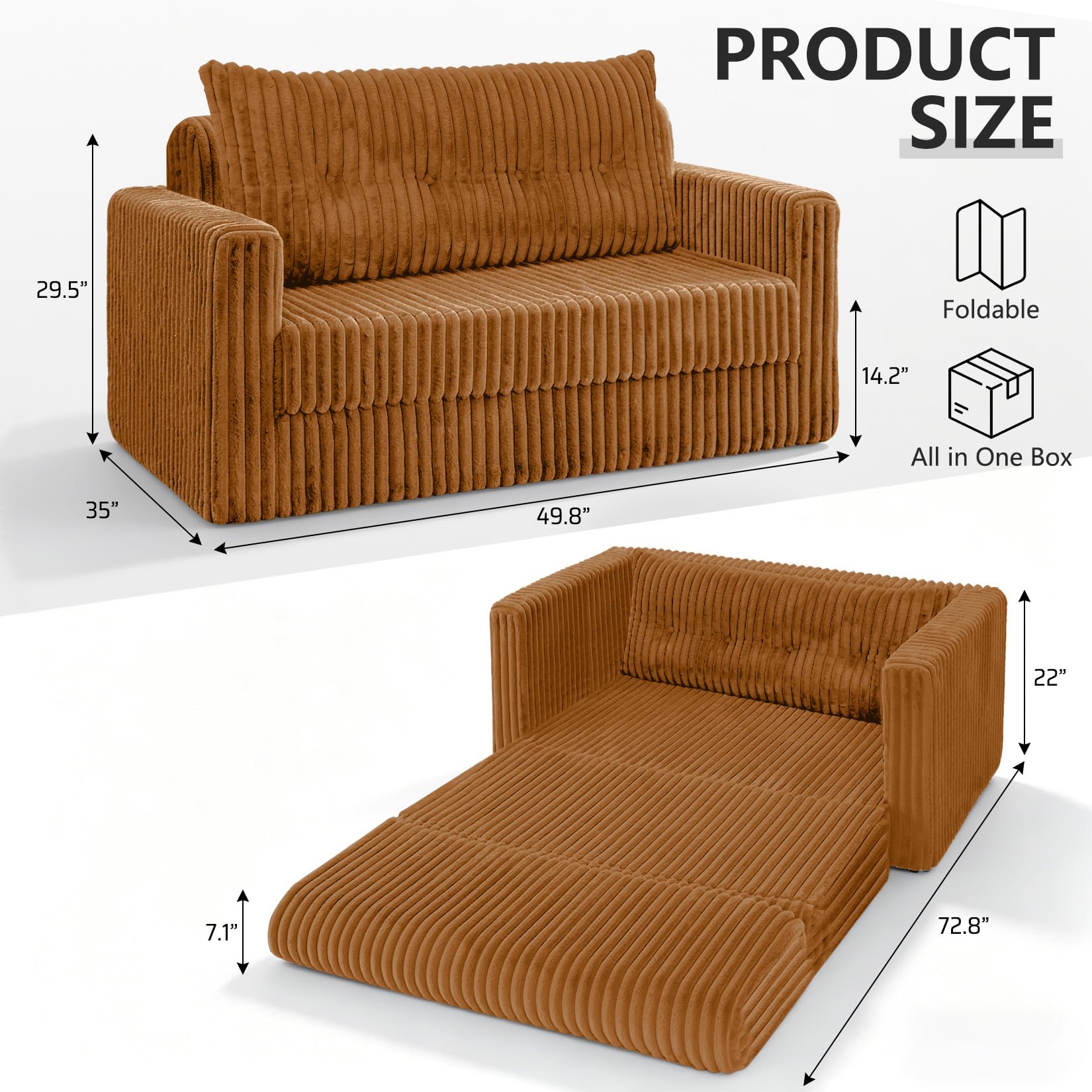 49.8" Loveseat Boneless Couch, 4-in-1 Convertible Sofa Bed, Plush Fur Folding Futon Sofa Bed Couches Without Pillow for Living Room, High-Density Foam Support, No Assembly Required, Orange