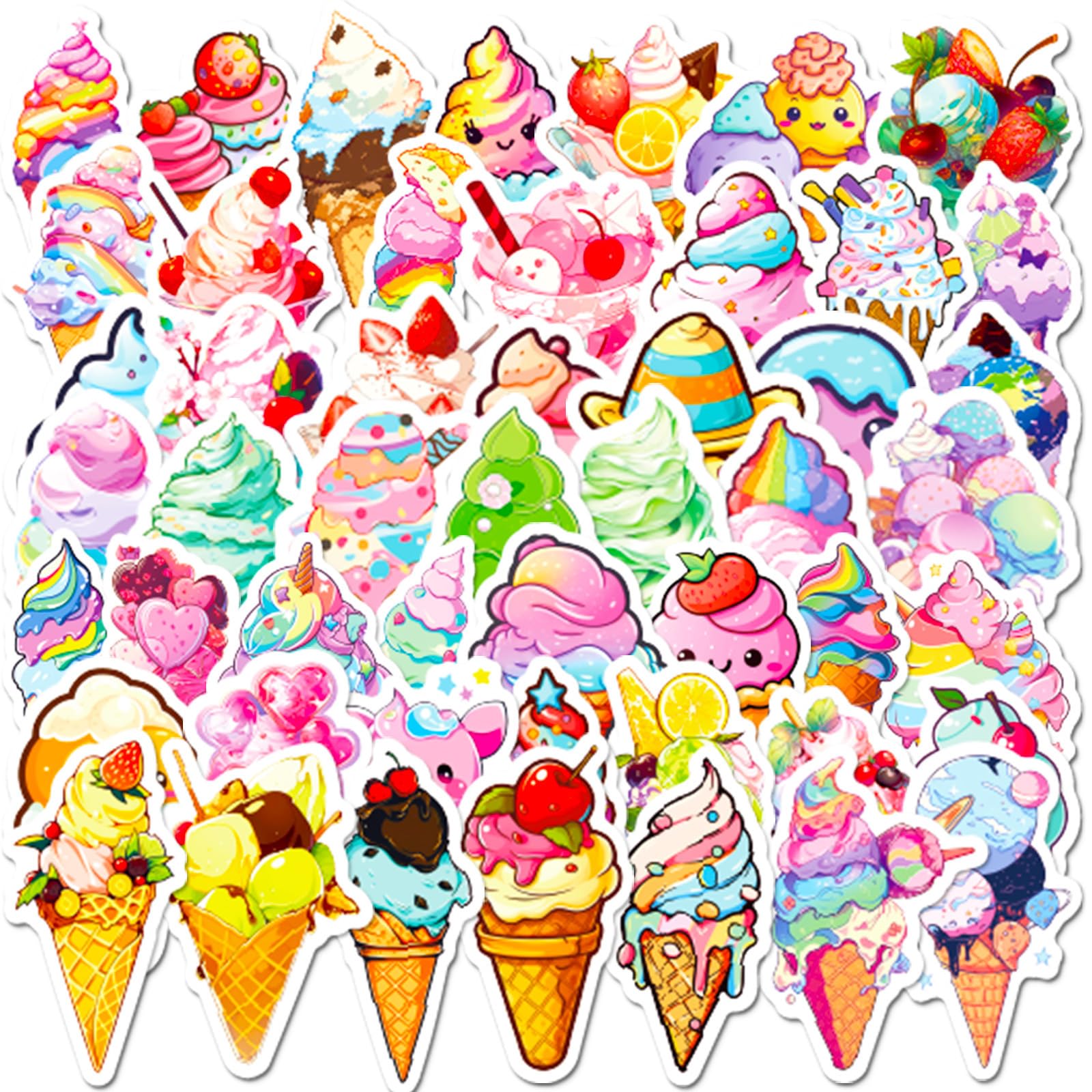 50Pcs Cute Ice Cream Stickers Summer Dessert Stickers Pack | Waterproof Stickers for Kids Teens Adults, Vinyl Decals for Laptop Phone Pad Kindle Scrapbook Journal Party Favors