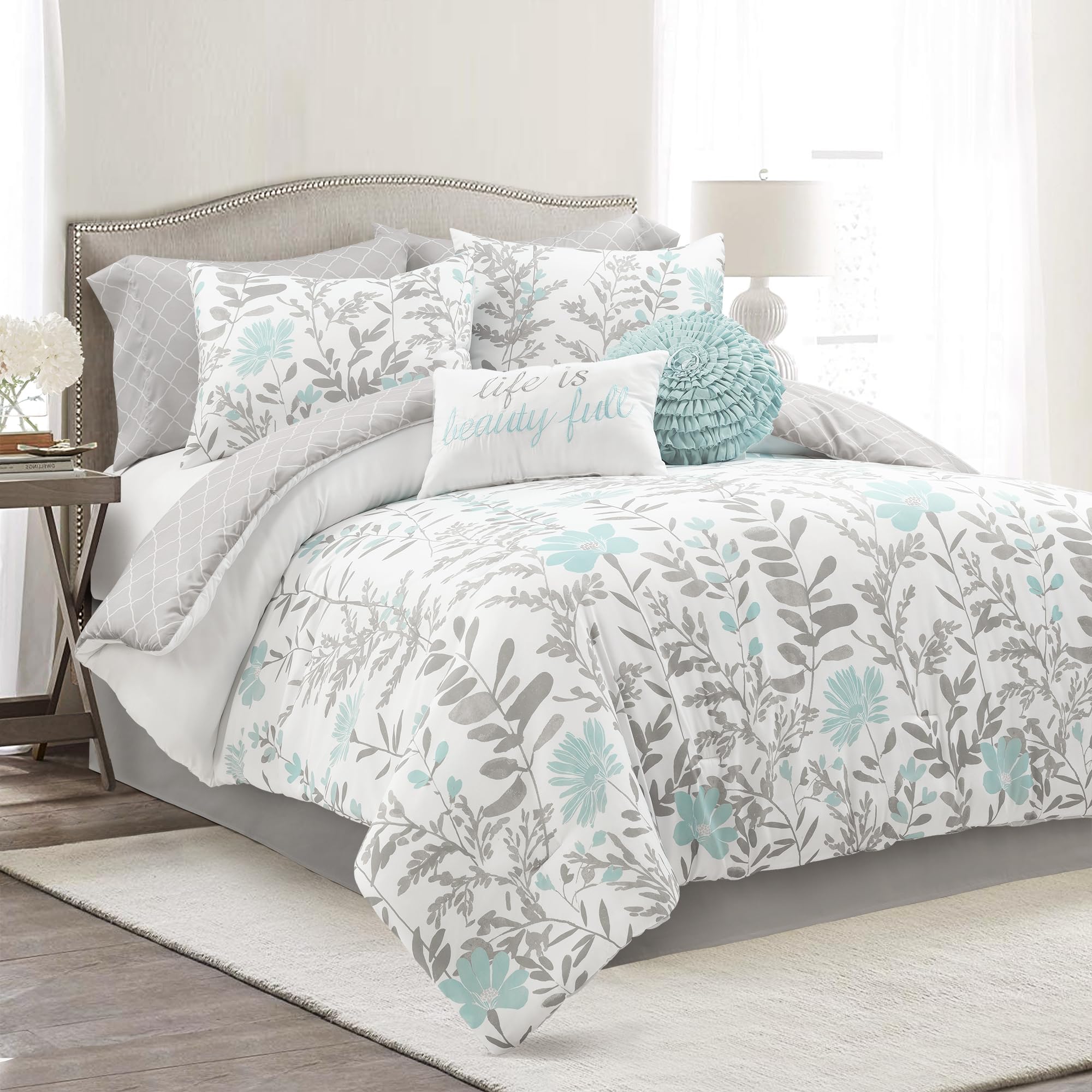 Lush Decor Aprile Soft Reversible Floral Comforter Set, 8 Piece Set, Queen, Blue & Gray - Beautiful Queen Bedding Sets - Blue Comforter - Spring Decor - Cottage & Farmhouse Bedroom Decor