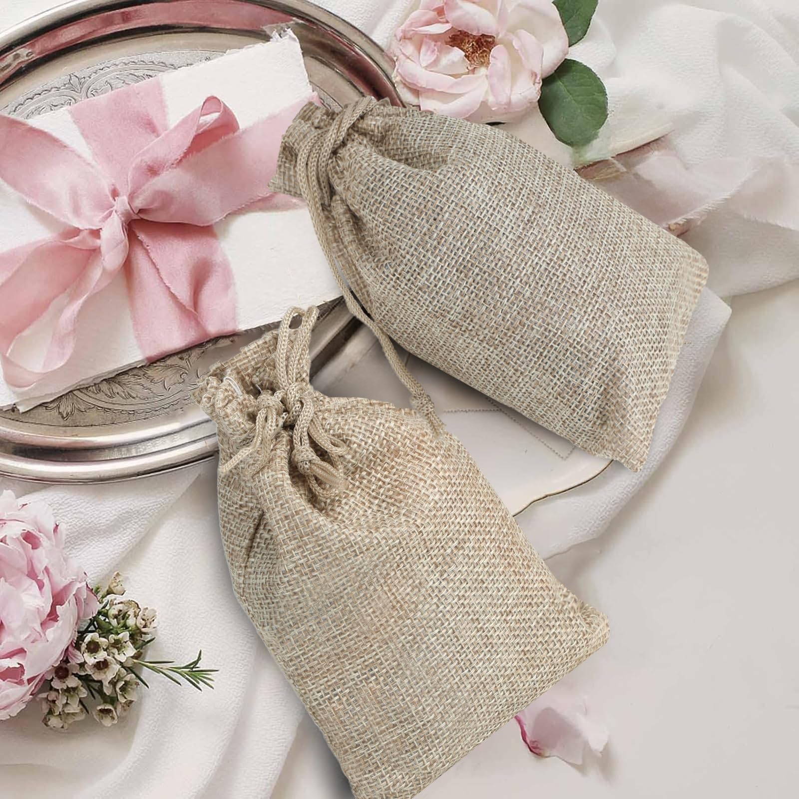 30 Sacchetti In Lino Con Coulisse 14x10cm - Per Bomboniere, Regali, Matrimoni E Feste - Foto 10