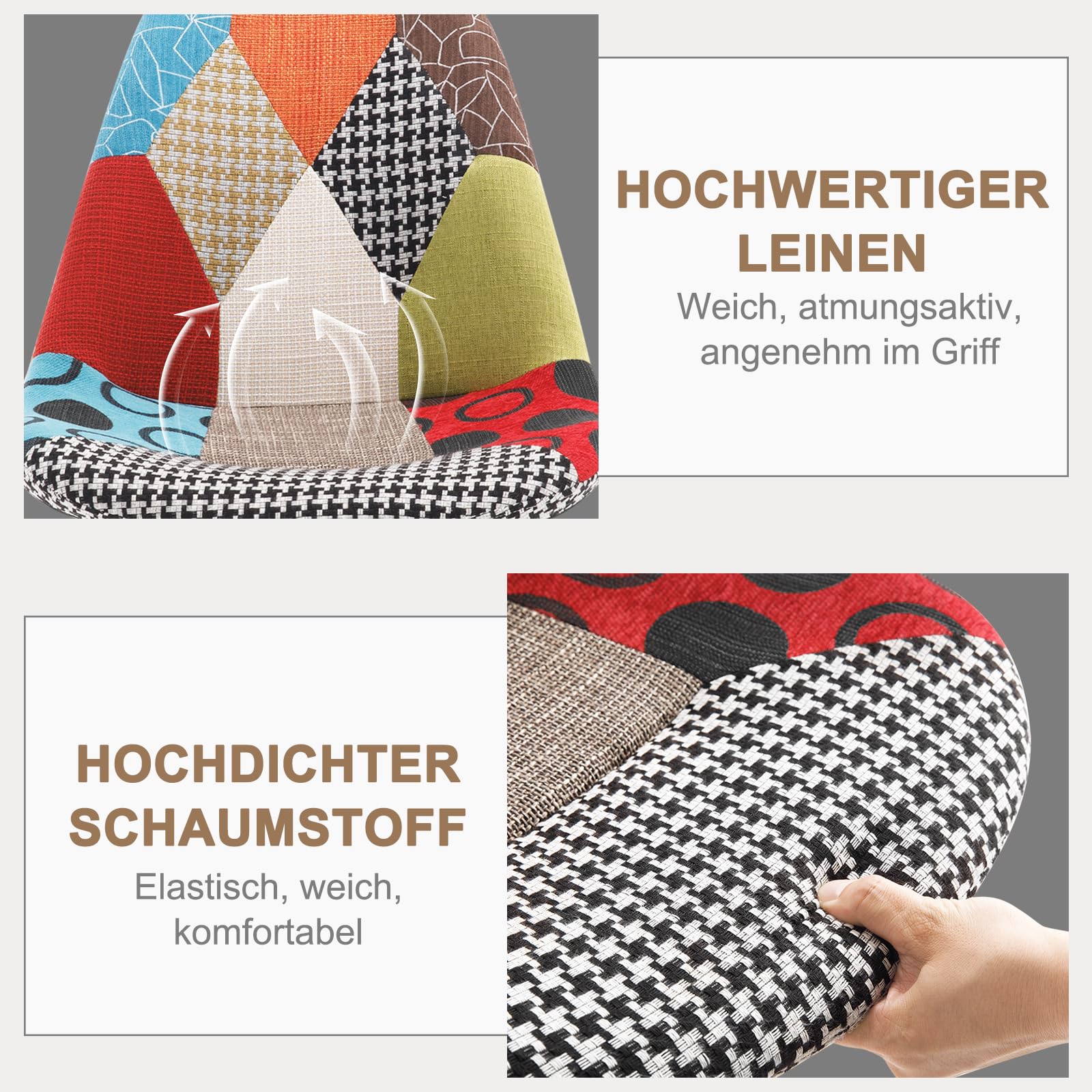 WOLTU Esszimmerstühle 2er Set, Küchenstühle mit Patchwork Design, Massivholz Beinen, Leinen, bis 150 kg belastbar, Mehrfarbig