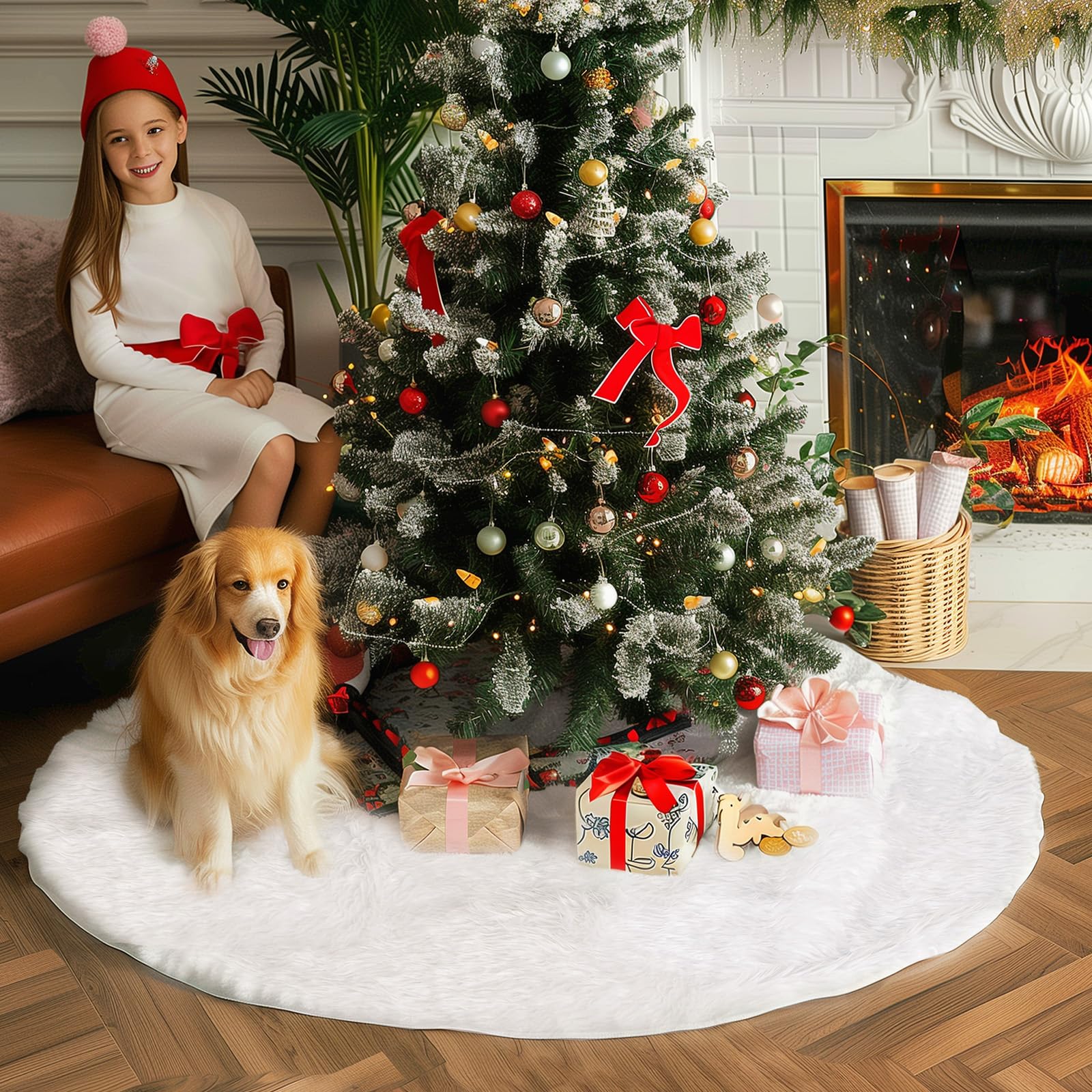 Copertura per albero di Natale bianca da 122 cm, copertura per albero di Natale, tappeto rotondo per feste di Natale allegre, gonna rotonda per decorazioni