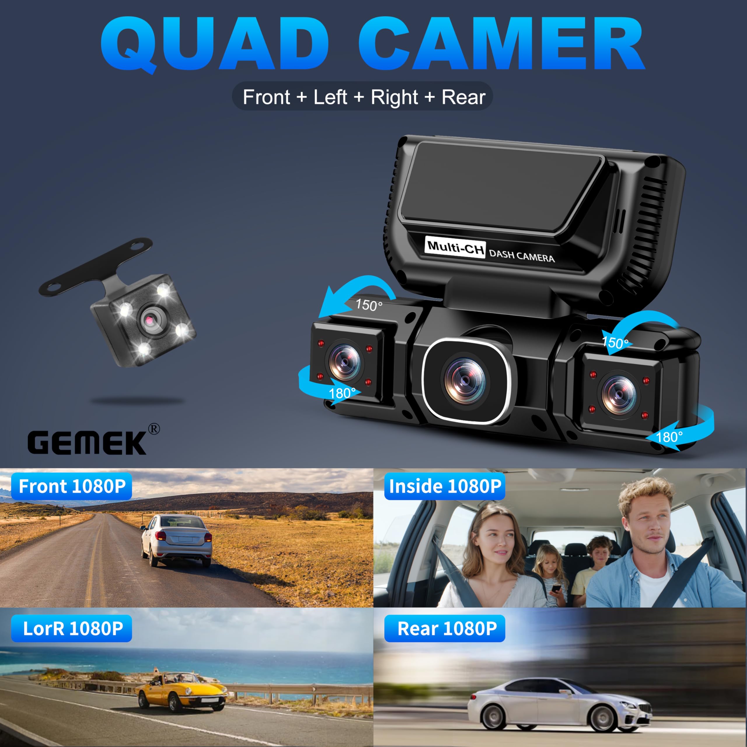 Videocamera da cruscotto a 360 gradi a 4 canali con WiFi 5G e controllo tramite app, GEMEK 2K anteriore e posteriore, videocamera da cruscotto sinistra e destra per auto, scheda TF da 64 GB in omaggio