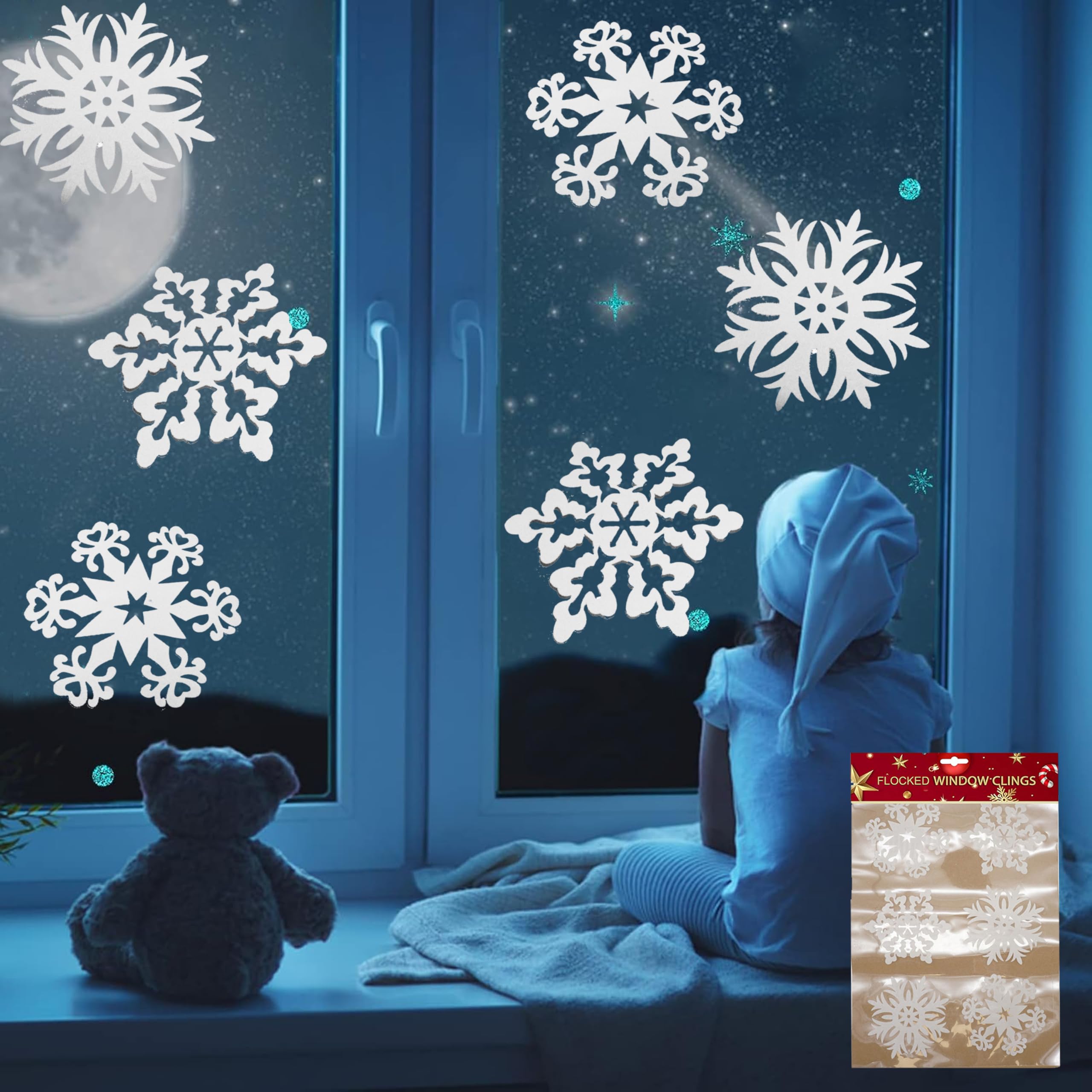 Hovuk 1X Sheet Glitter Snowflakes 6Pcs Christmas Snowflakes Window Stickers, White Flocked Glitter Decals For Xmas Window Clings Christmas Decorations Winter Party Ornaments (1- Sticker Sheet)