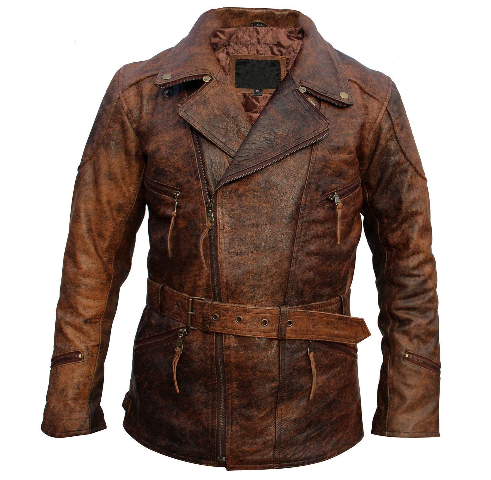 Chaqueta larga de piel para hombre, estilo 3/4, estilo vintage, con cremallera cruzada, color marrón