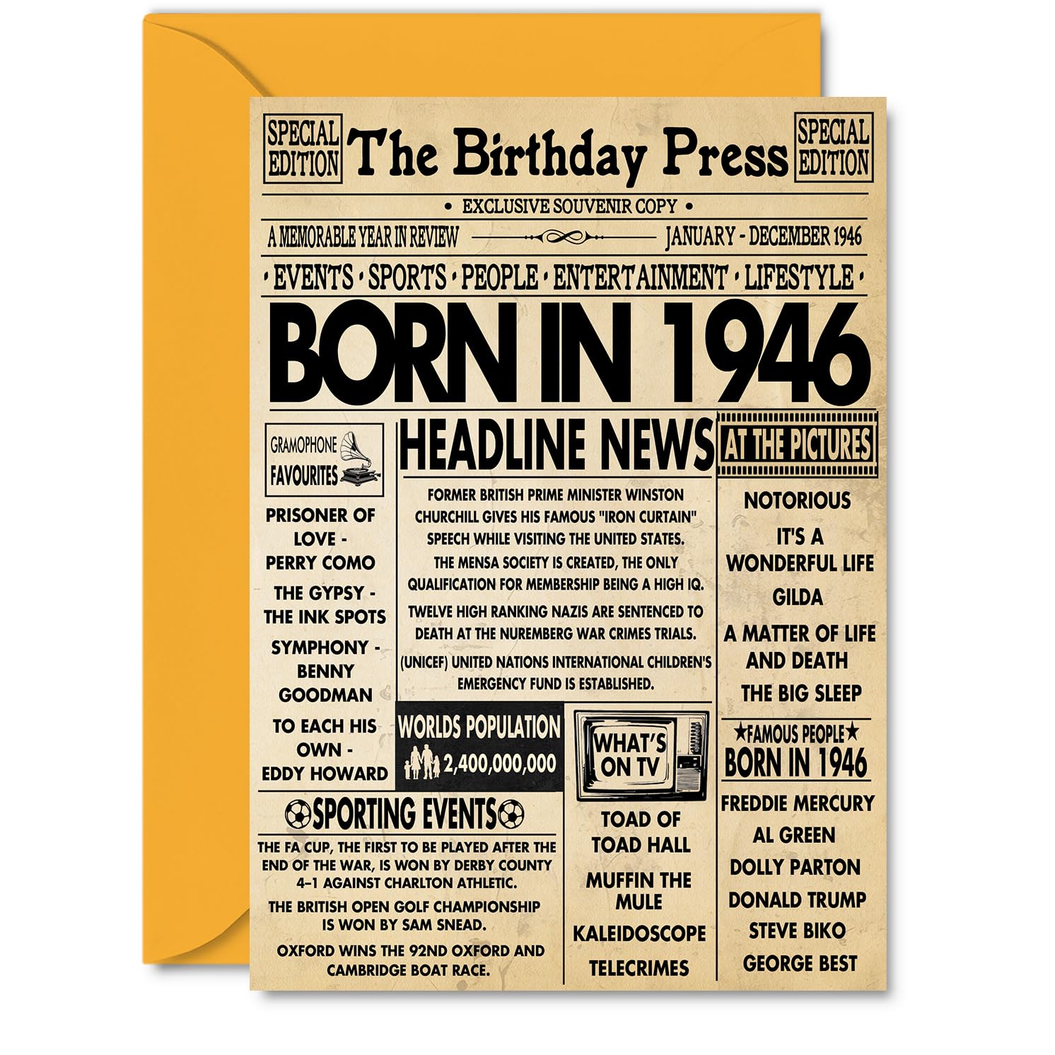 80th Birthday Cards for Women Men - Born In 1946 Newspaper - Happy 80 Birthday Card for Grandma Grandad Nan Vintage Retro Back In 1946, A5 Bday Greeting Cards