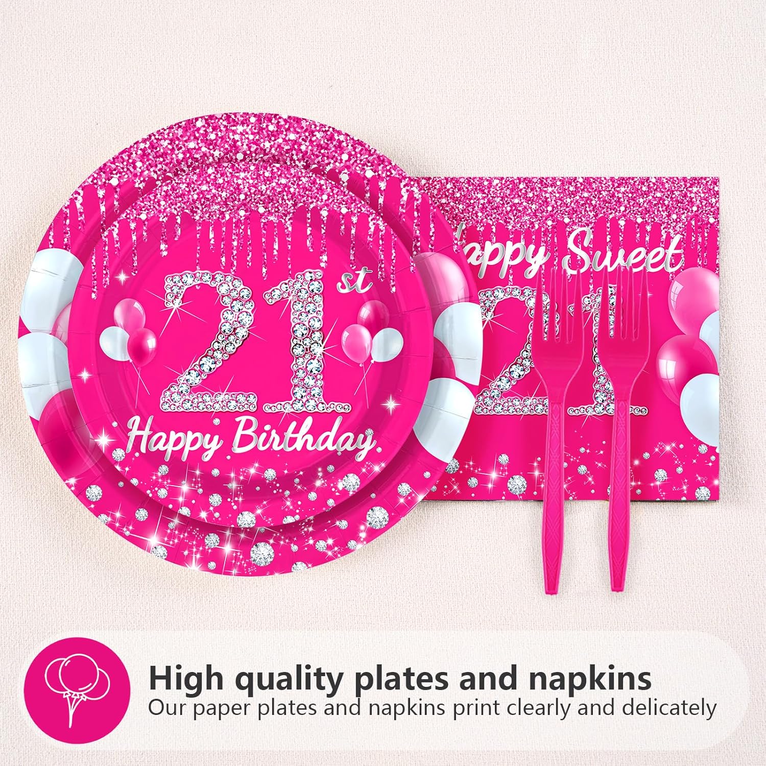 96Pcs 21st Birthday Party Supplies 350 GSM Hot Pink Sweet 21 Plates and Napkins Tableware Sets Happy 21st Birthday Decorations for Girls Women Finally Legal 21 Years Old Party Favors, Serves 24 - Image 3