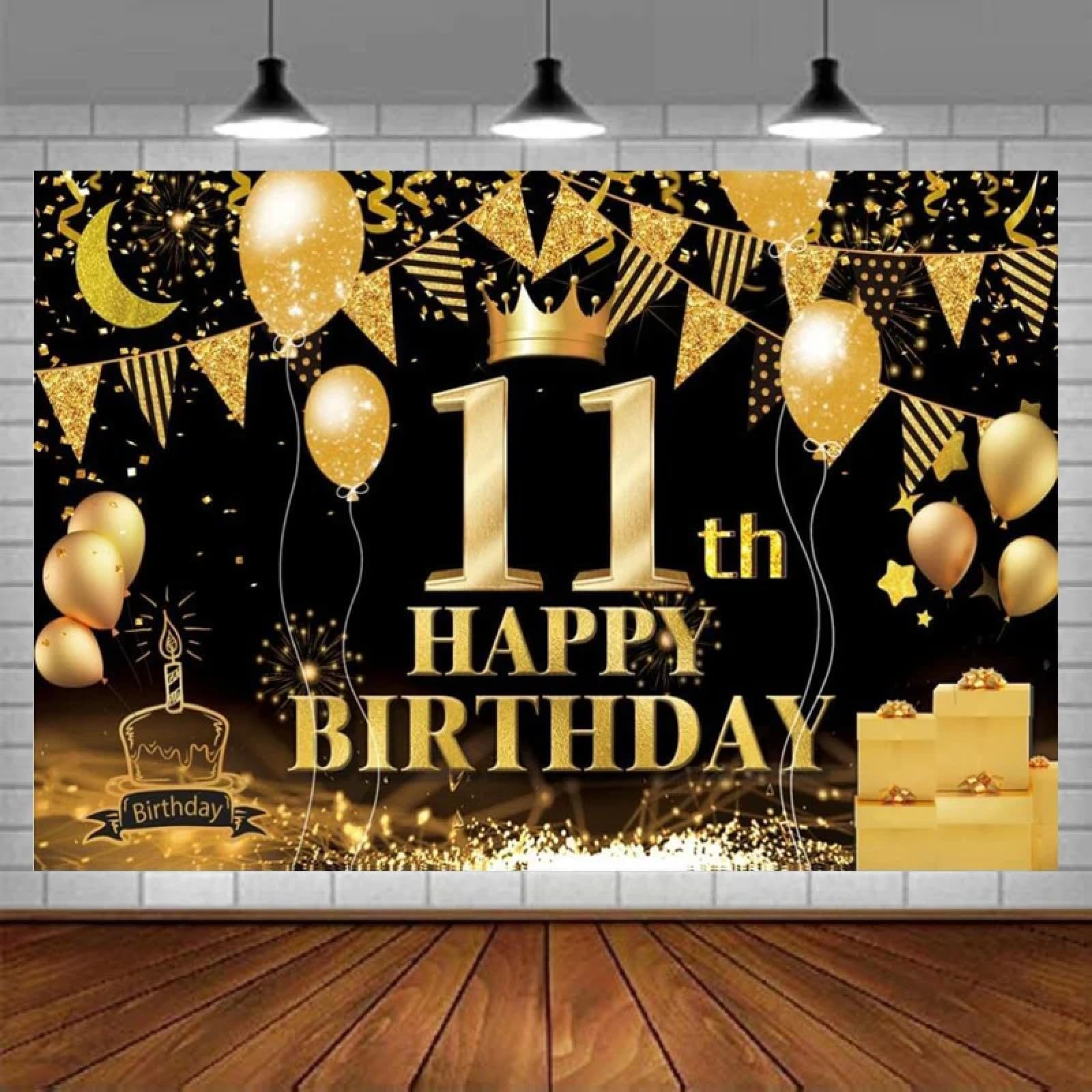 Happy 11th Birthday Black Gold Sign Baner Party Supplies Anniversary Photo Booth Background Decoration