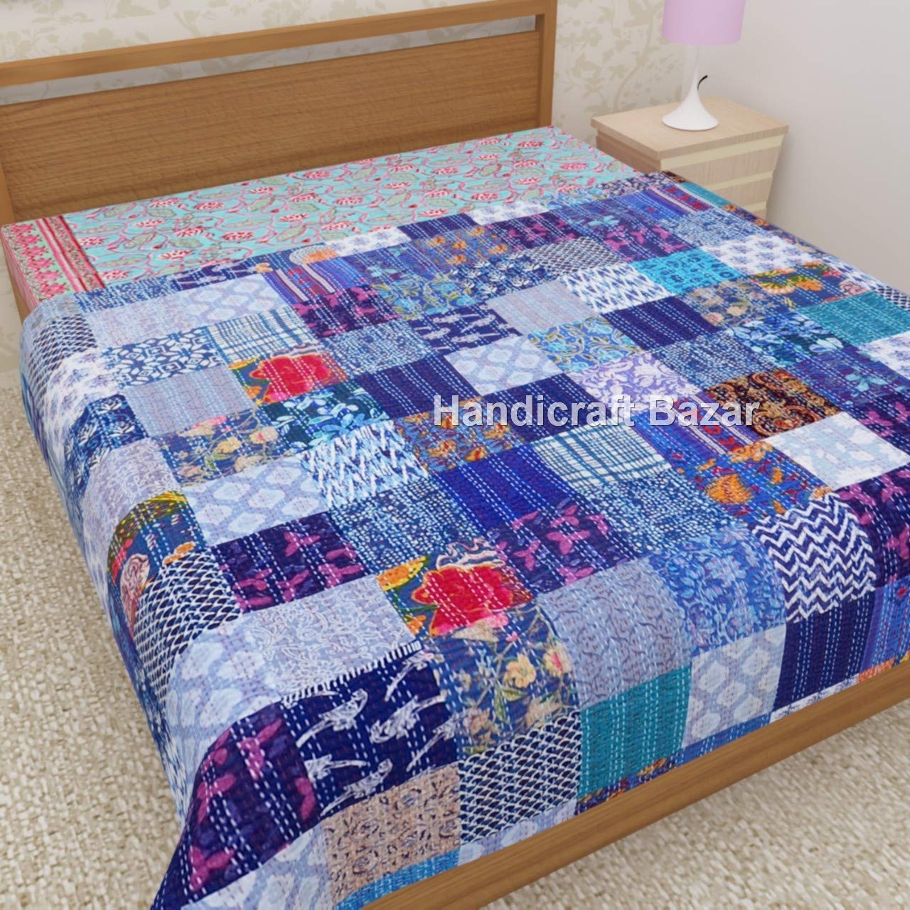 Handicraft Bazarr 108'' x 90'' Patchwork Silk Patola Quilt Bed Cover Indian Silk Patola Quilt Throw Blanket King Size Patola Silk Patch Work Kantha Quilt Blanket
