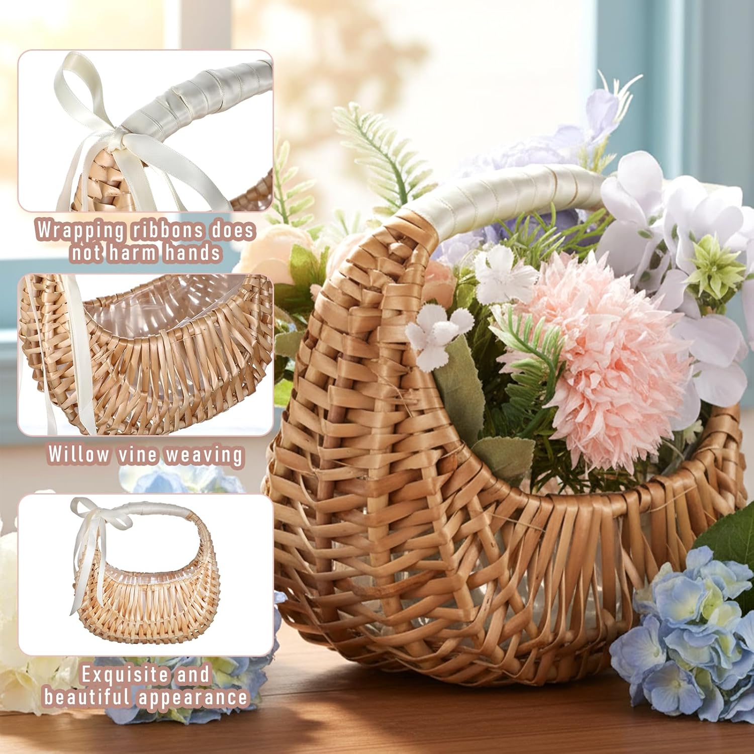 Kifmurase 4PCS Flower Girl Baskets, Boho Small Wicker Basket with Handle, Easter Petal Candy Storage Basket Bulk, Half Moon Rattan Woven Baskets for Wedding Picnic Garden Home Decor, 7.4 × 6.5 Inch