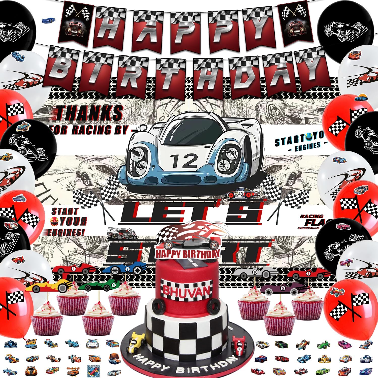 TERRIFI Cars Party Decorations, 94 Pcs Race Car Supplies Set - Banner, Cupcake Toppers, Balloons, Stickers for Boys' Birthday