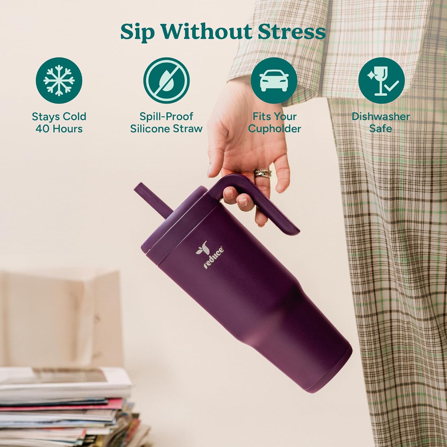 REDUCE Chiller Vacuum Insulated 40 oz Tumbler with Spill-Proof Silicone Straw - Sustainable Tritan Lid with Water Intake Markers - Soft Sit Base Travel Mug - Dishwasher Safe - Midnight Plum - Image 2