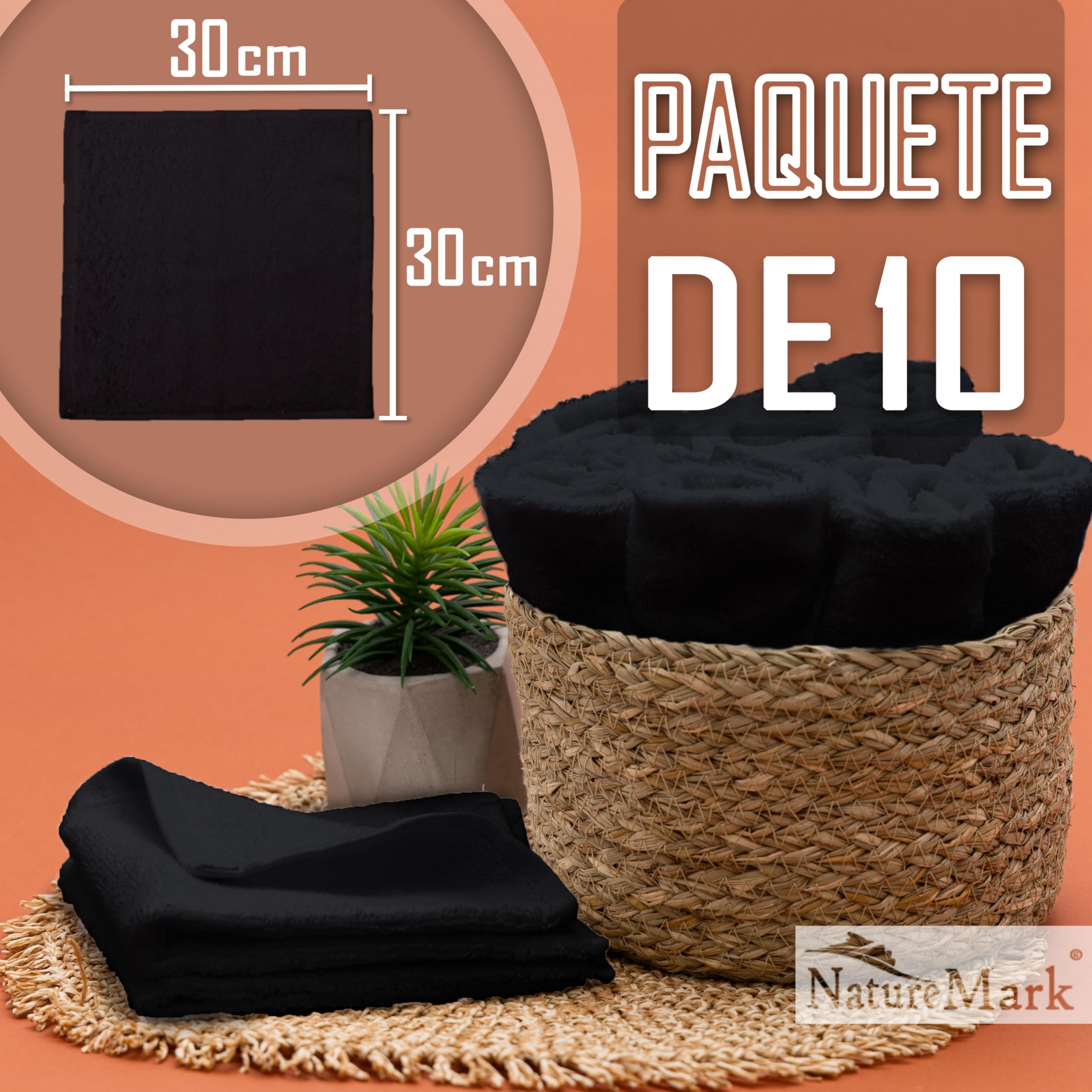 NatureMark Juego de 10 toallitas de Rizo para Cara y Manos – 100% algodón, Suaves y absorbentes – 30×30 cm, Negro — view 2