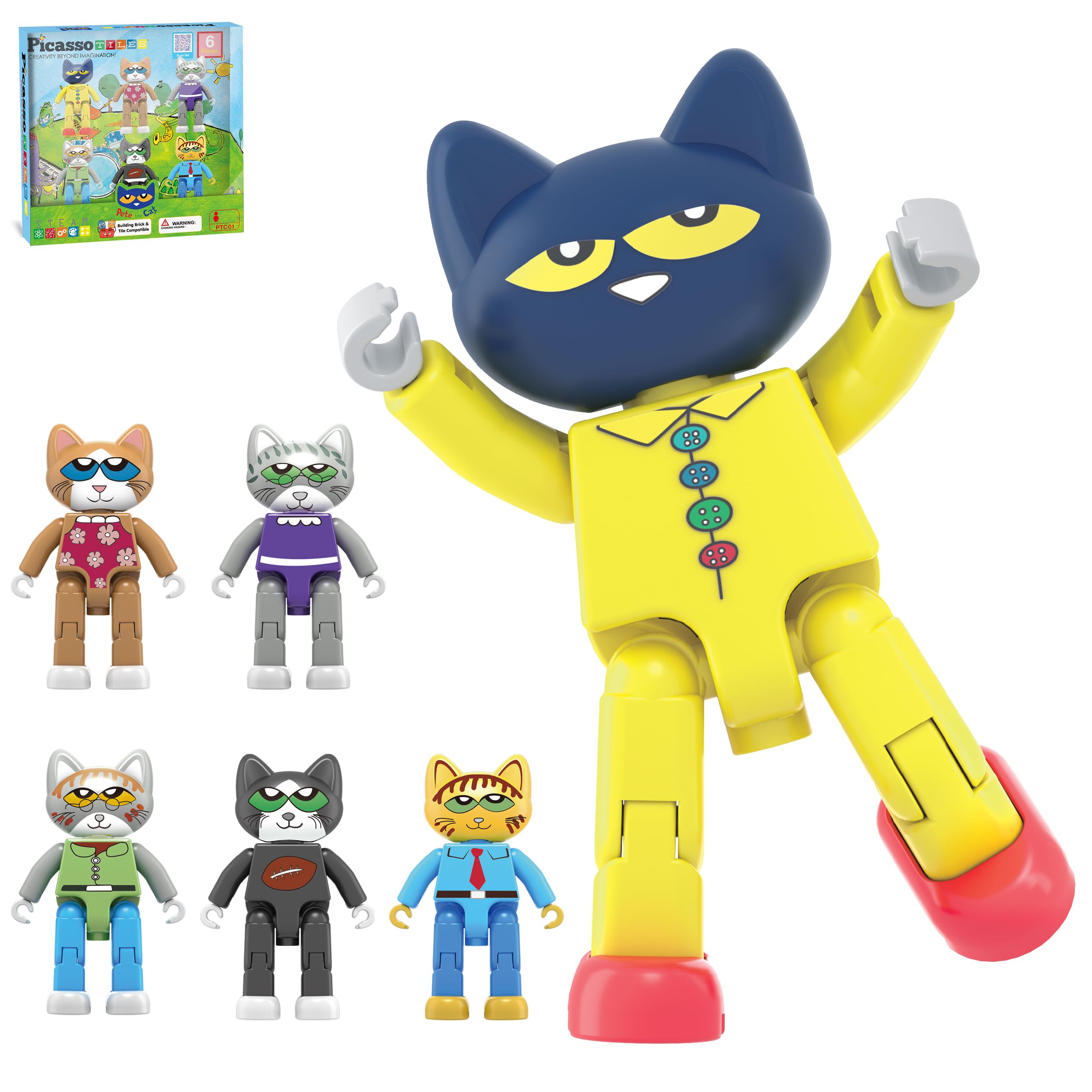 PicassoTilesMagnetic Figures 6 Pete the Cat Family Animal Action Character Toddler Toys Magnet Expansion Pack Building Blocks Add-on Educational STEM Learning Kit Construction Brain Development Tiles