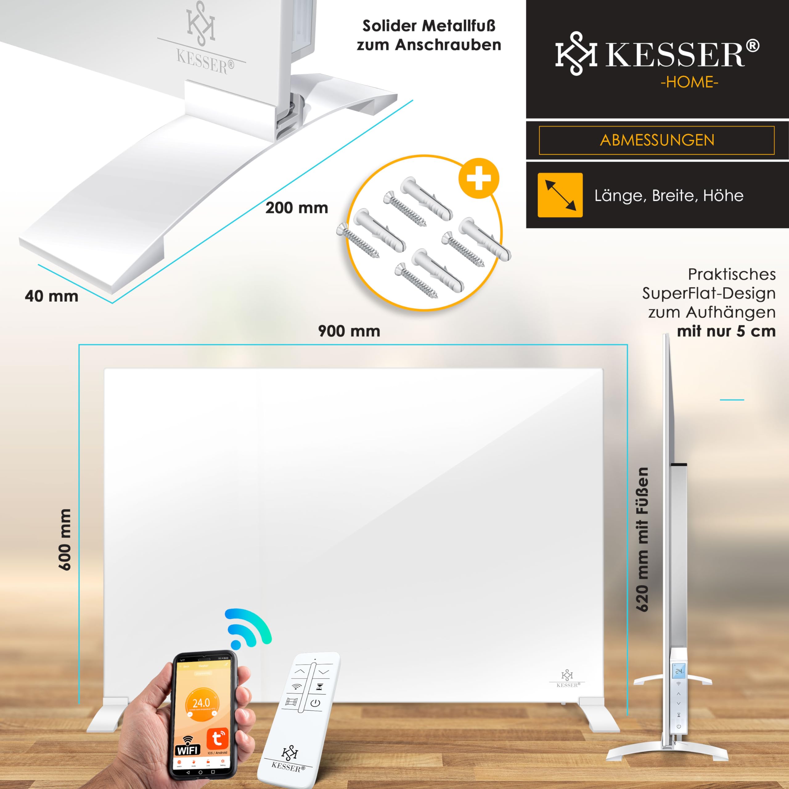KESSER® Radiatore a infrarossi 520 W, riscaldamento in alluminio a risparmio energetico, 2 in 1, dispositivo su piedistallo e montaggio a parete con rilevamento finestra aperta + telecomando e