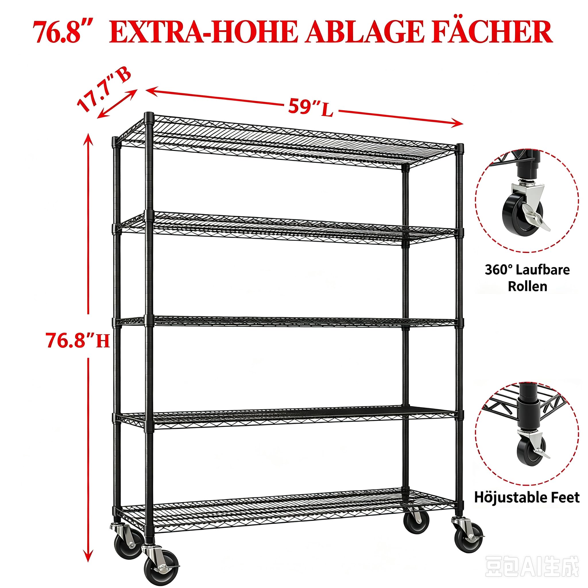 Garvee Schwerlastregal mit Rollen 5 Ebenen 150x45x195cm Metallregal 1500kg Tragkraft Höhenverstellbares Gitterregal Mobiles Lagerregal Kellerregal Garagenregal
