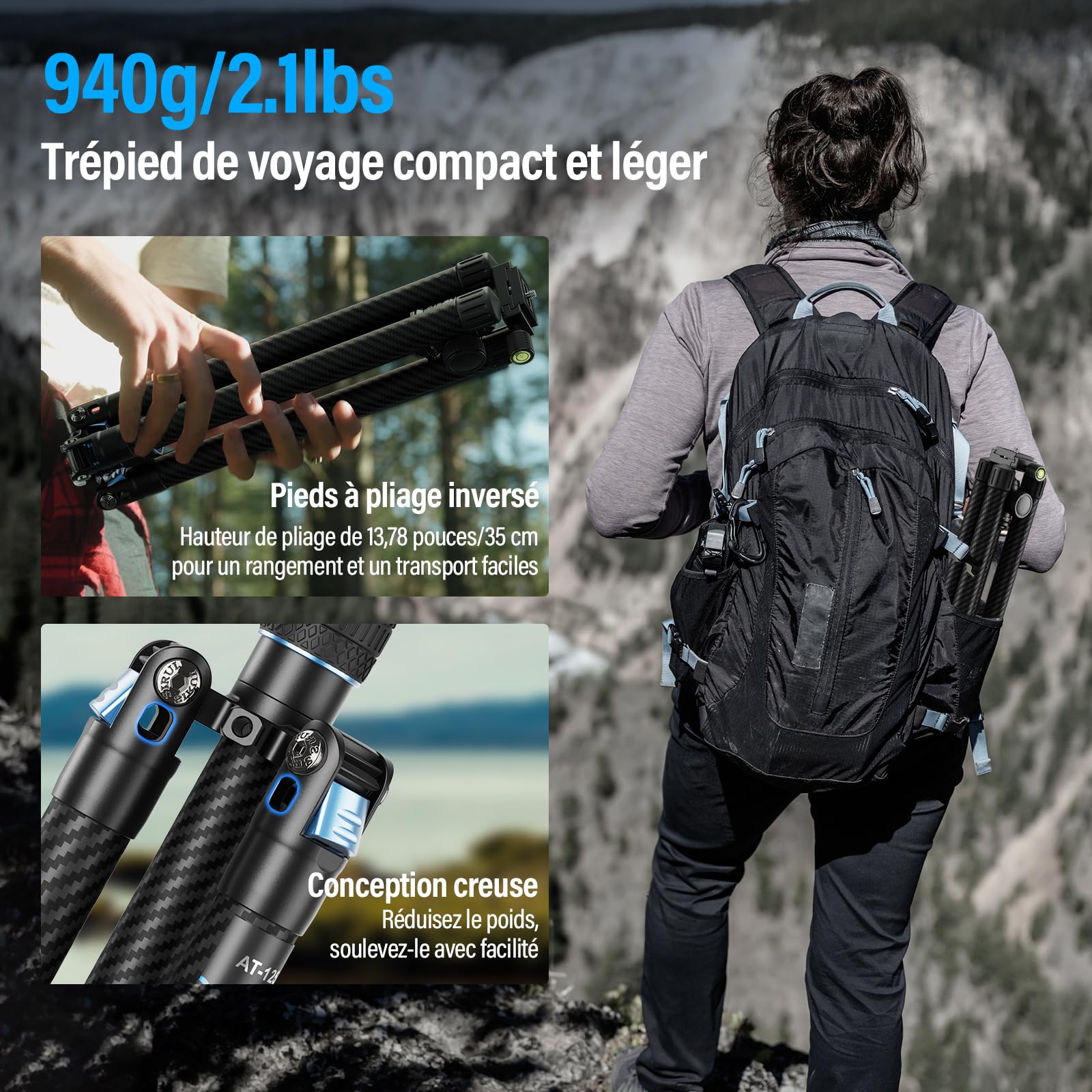 SIRUI 60'' Trépied Appareil Photo avec PTZ 360°,Trépied Vidéo en Fibre de Carbone,Pied Camera de 2 LB avec Plaque de Chargement Rapide,Poids Maximum 10kg(Traveler X-III)