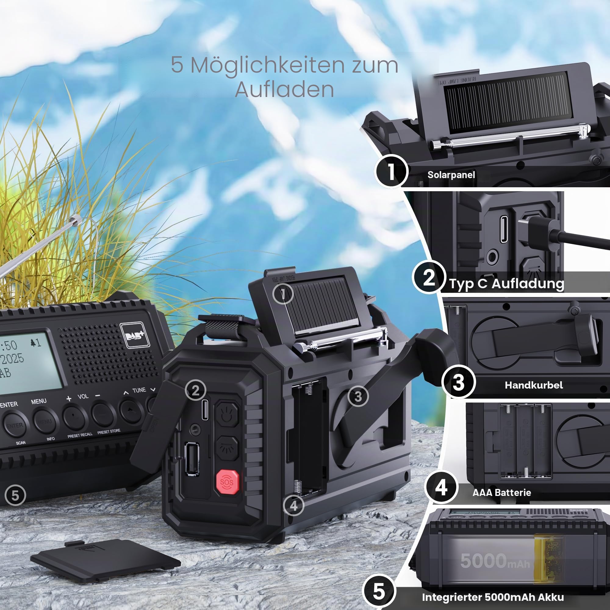 DAB/DAB+/UKW Digitalradio mit Eingebaute 5000mAh Akku Solar Radio Notfallradio mit USB Handyladefunktion Camping Radio mit LED Taschenlampe Leselampe SOS Alarm Tragbares Kurbelradio für Outdoor