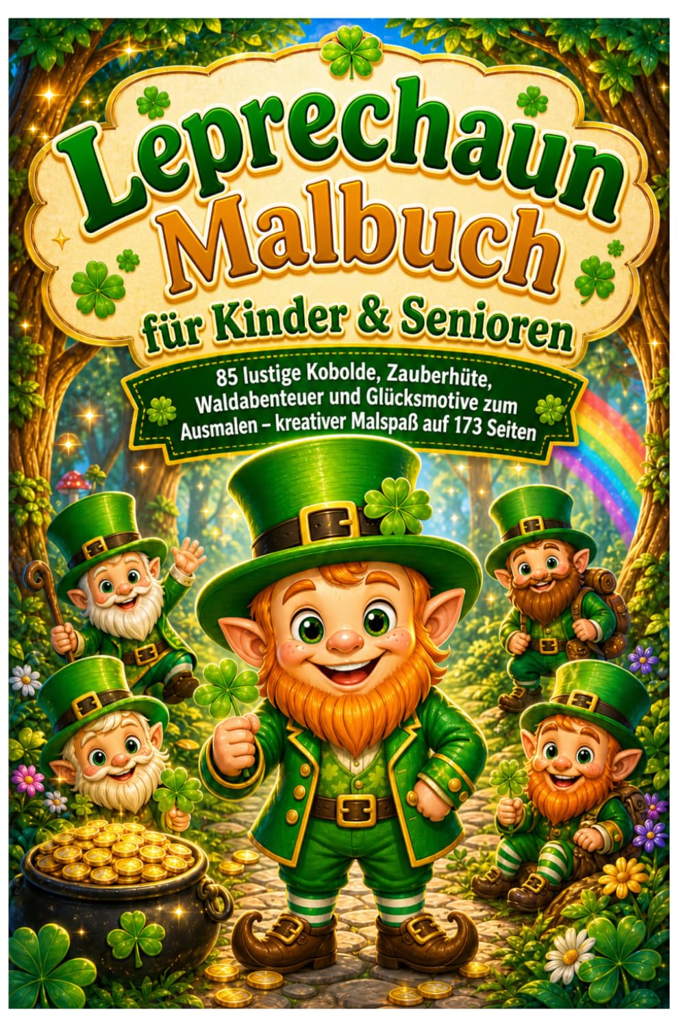 Leprechaun Malbuch für Kinder & Senioren: 85 lustige Kobolde, Zauberhüte, Waldabenteuer und Glücksmotive zum Ausmalen – kreativer Malspaß auf 173 Seiten