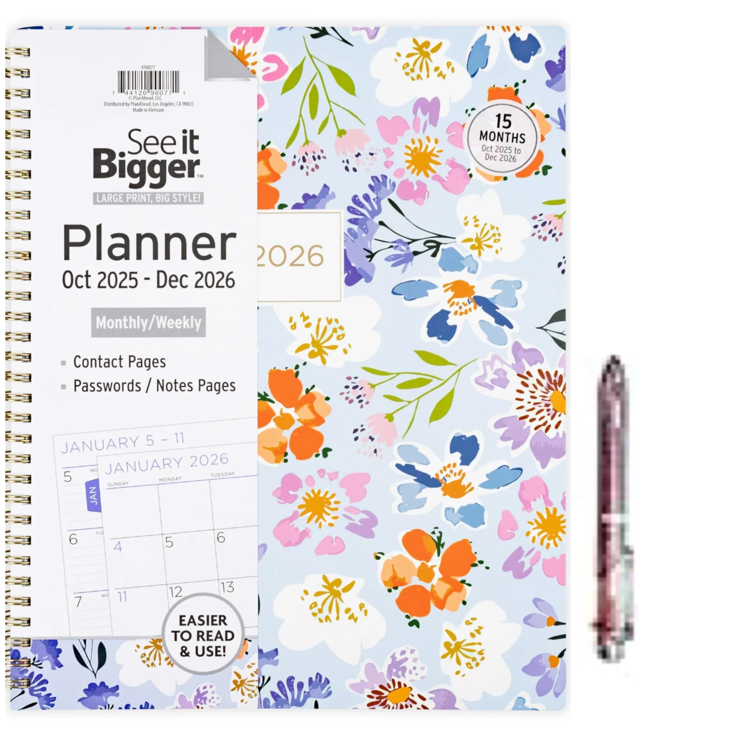 PlanAhead See IT Bigger Specialized Large Print, October 2025- December 2026. Weekly Monthly Large Planner, Size 8.5" x 11" and 6 in 1 Multicolor Ballpoint Colorful Ink Penfrom TheBeliver LLC.