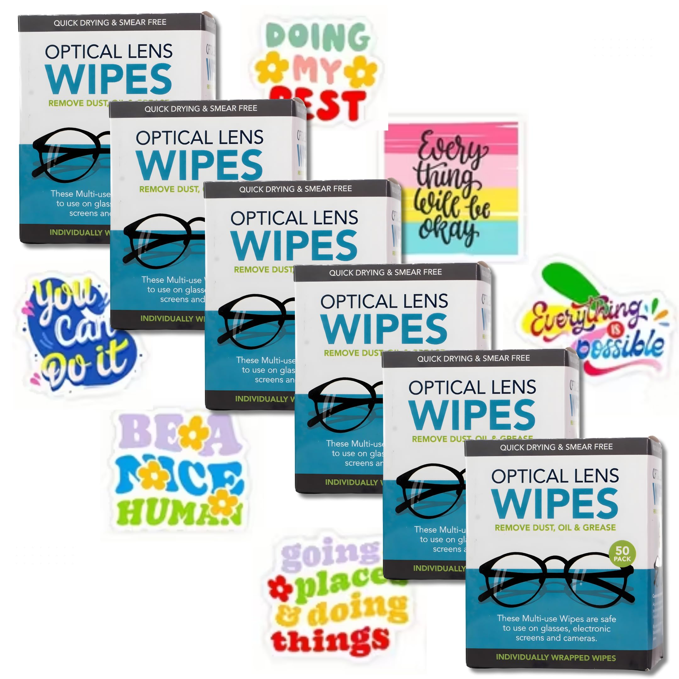 6 x Boxes of 50 Individually Wrapped Optical Lens Cleaning Wipes (300 Total) + 6 Random Motivational Reward Stickers Streak-Free Glasses Wipes for Lenses, Screens, and Cameras - Bundle by Kevagh