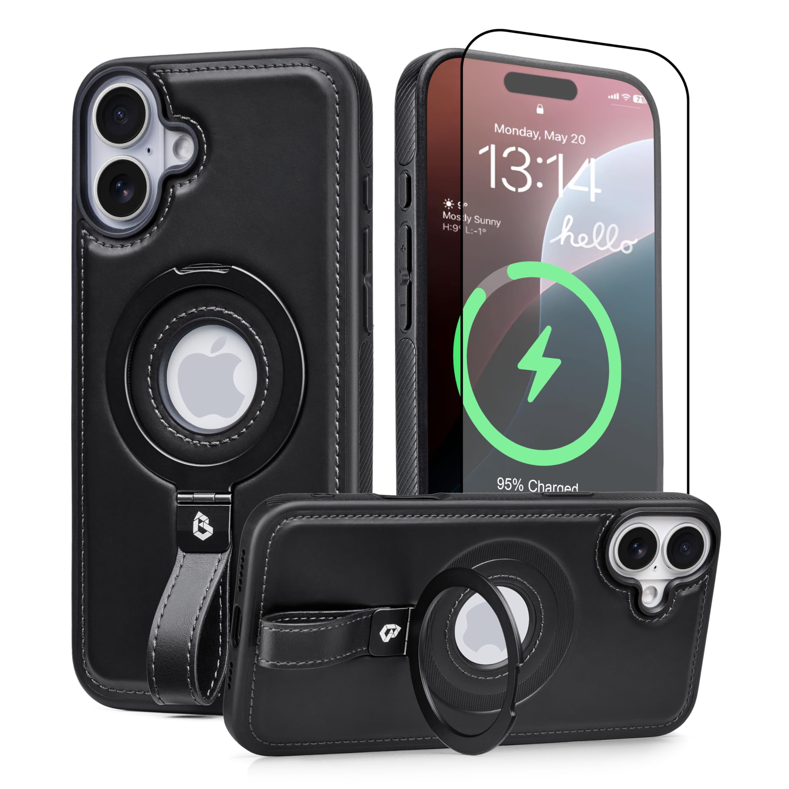 Butaiga for iPhone 16 Leather Case with Stand, Anti-Slip Grip Ring, Fits for MagSafe (Black, iPhone 16)