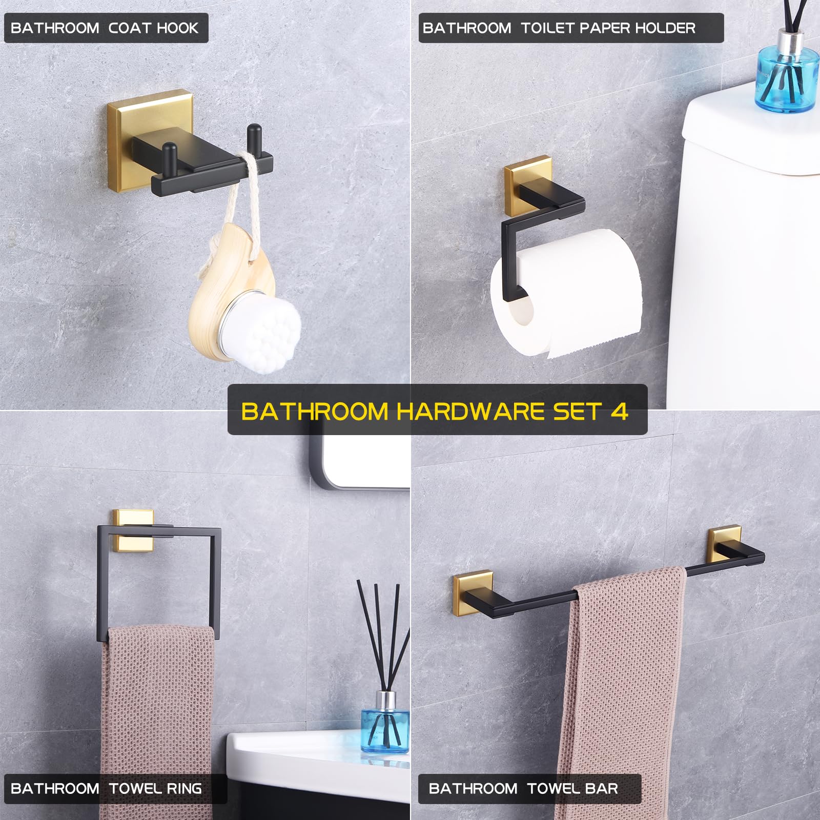 GERZWY SUS 304 Stainless Steel Bathroom 4-Pieces Hardware Accessories Sets - Coat Hook 18-Inch Towel Bar Toilet Paper Holder Towel Ring (Black & Gold) JG191C(45) 568-4BD