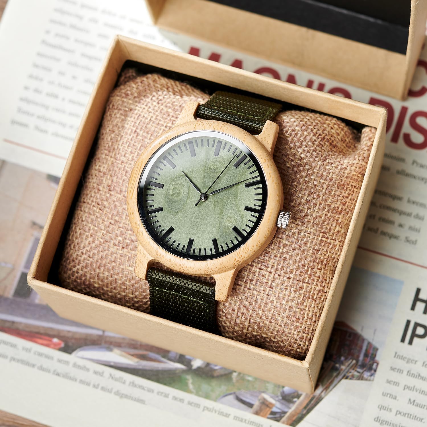 BOBO BIRD Unisex Bamboo Wooden Watch for Men and Women Analog Quartz Lightweight Handmade Casual Watches with Green Nylon Strap
