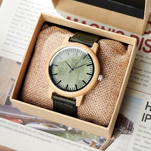 Miniatura 5 de BOBO BIRD Reloj unisex de madera de bambú para hombres y mujeres analógico de cuarzo ligero hecho a mano con correa de nailon verde
