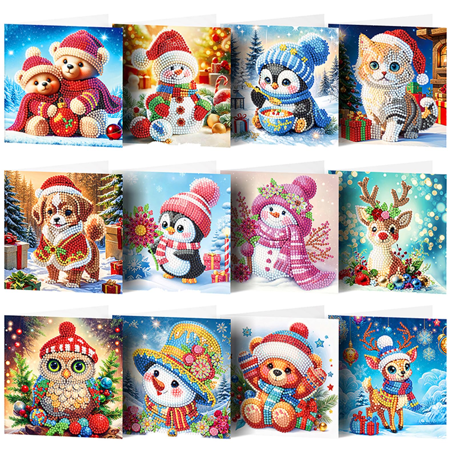 POETRYDRAW 12Pcs Winter Cartoon DIY Diamond Art Greeting Cards with Envelopes & Tools - Creative Birthday & Thanksgiving Card Kit (Winter Cartoon)
