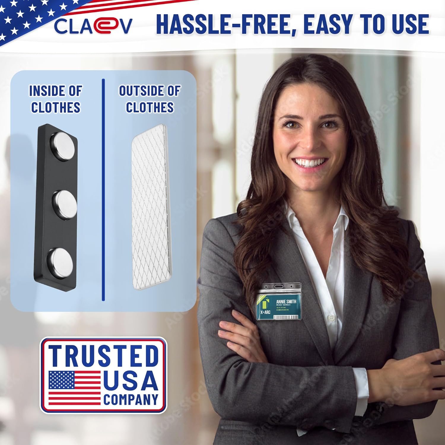 Claev - Name Tag Magnets - 100 Pack, 1.75 x 0.5 inches - Adhesive Two-Piece Design for Effortless Badge Attachment - Name Badge Holders with 3 Powerful Neodymium Magnets