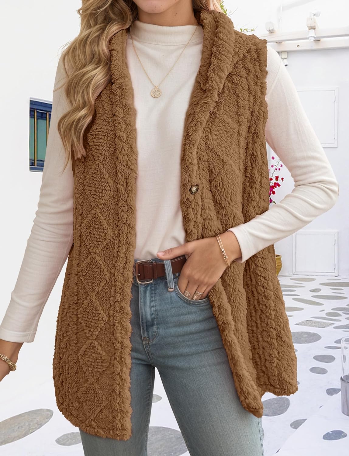 FEOYA Women's Long Fleece Vest Casual Sleeveless Vests Warm Hooded Tops Winter Button Outerwear with Pockets S-XL - Image 3