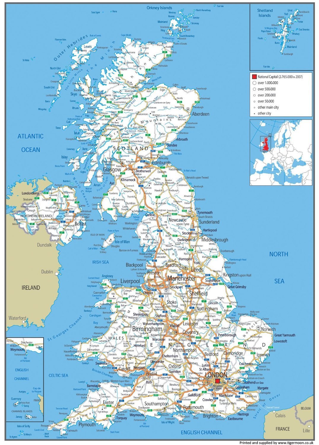 Road Map of The UK - Size A2-59.4 x 42cm - Paper Laminated