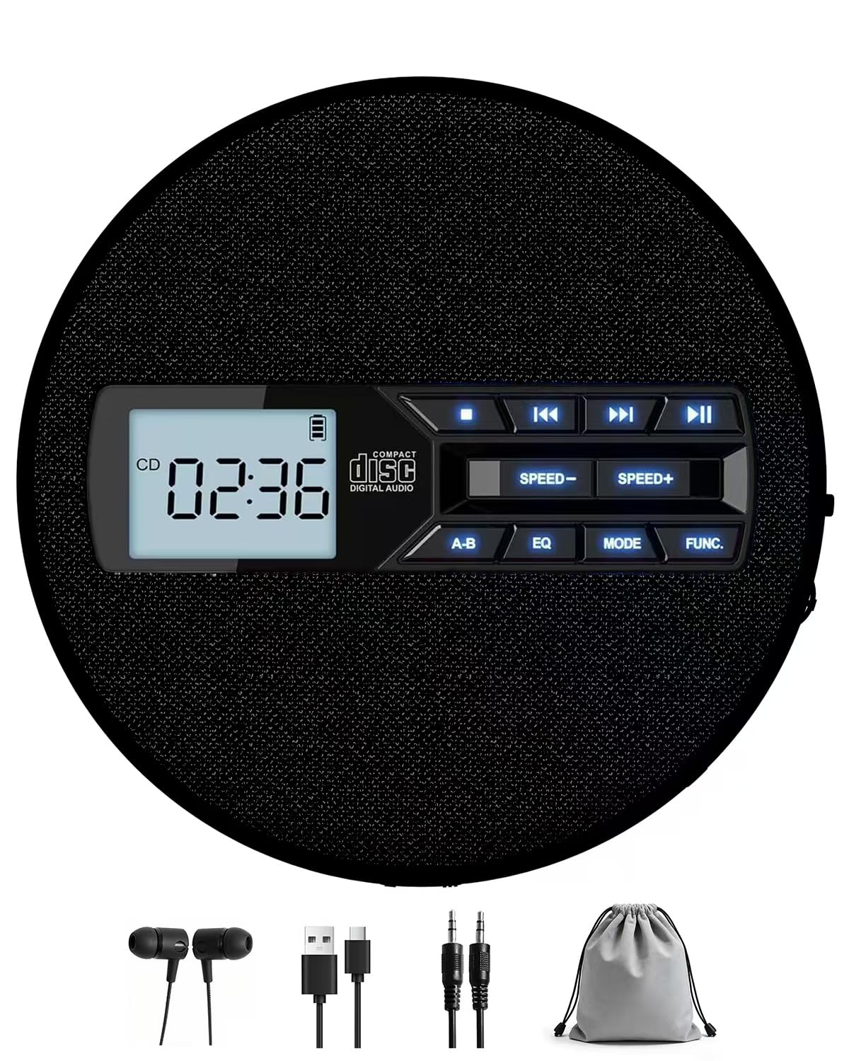 CD Player Portable with Speakers - Rechargeable Personal CD Player for Car and Home, Small Fabric Music Player with Backlit Display, Anti-Skip, AUX/USB Port - Ideal for Audiobooks & Gifts