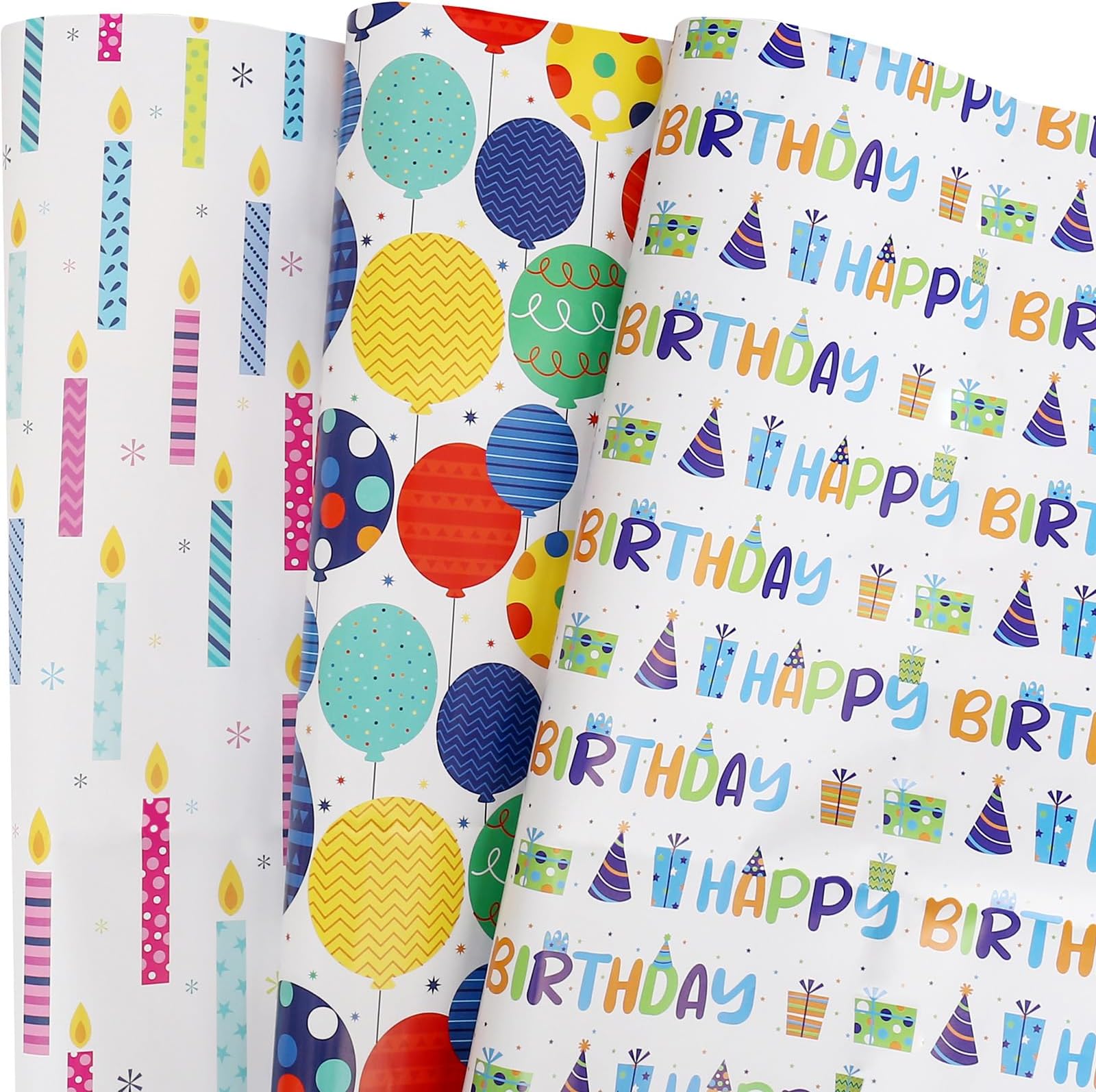 BULKYTREE Birthday Wrapping Paper for Boys Girls Kids Men Women Holiday Party - 3 Large Sheets Colorful Balloon 'Happy Birthday' Candles Gift Wrap - 27 Inch X 39.4 Inch Per Sheet