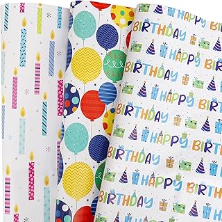 BULKYTREE Birthday Wrapping Paper for Boys Girls Kids Men Women Holiday Party - 3 Large Sheets Colorful Balloon 'Happy Birthday' Candles Gift Wrap - 27 Inch X 39.4 Inch Per Sheet