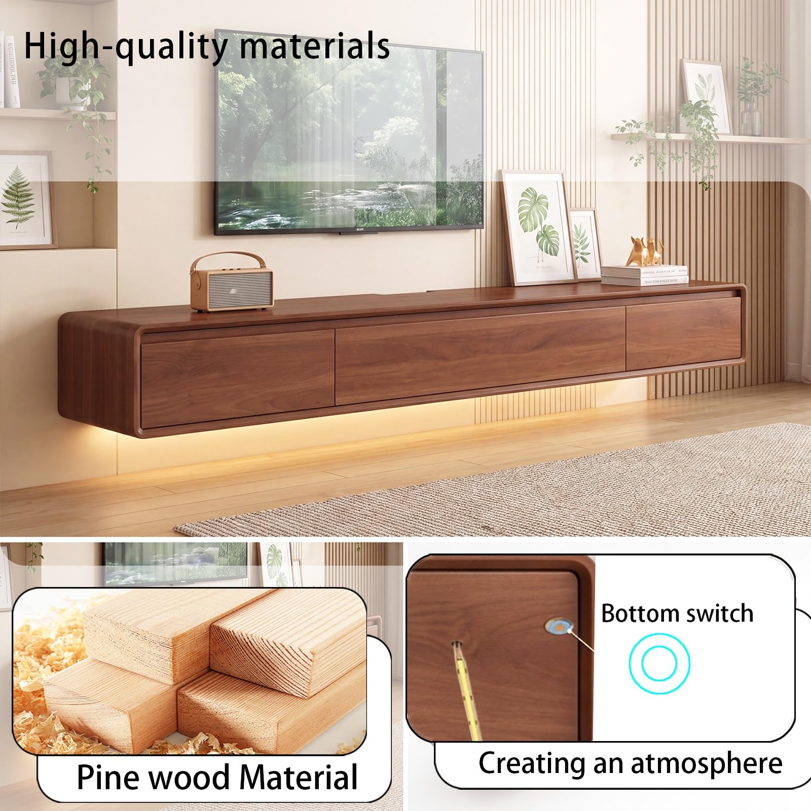 Mueble de TV de Madera Maciza,Mueble de TV Flotante, Mueble Bajo de Pared para TV, Adecuado para el Salón y el Dormitorio,Nogal 200CM-LED