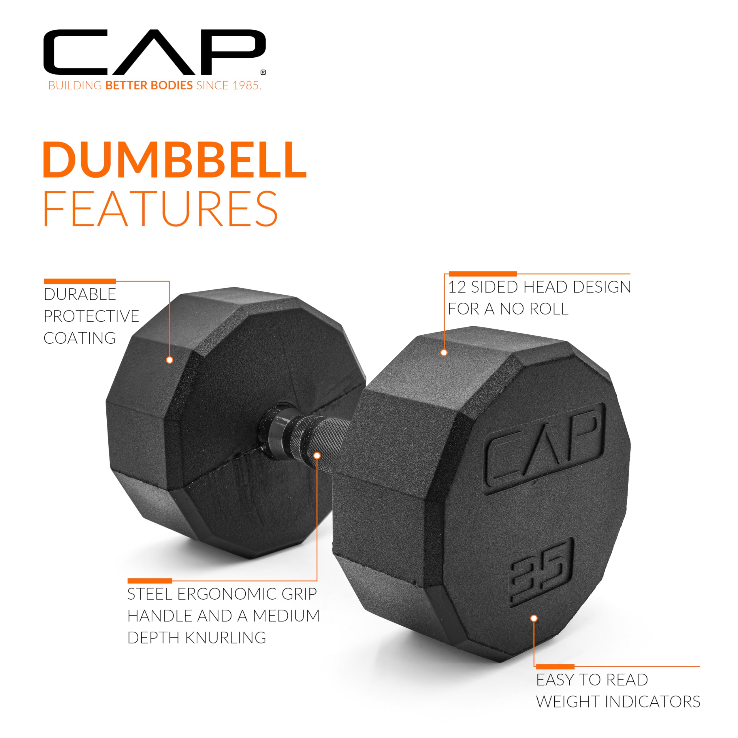 CAP Rubber Coated Dumbbell Weights Free Weights for Home Gym Strength Training Anti-Roll Hex Dumbbells with Black Chrome & Comfort Grip Handles Pairs & Sets product thumbnail 4