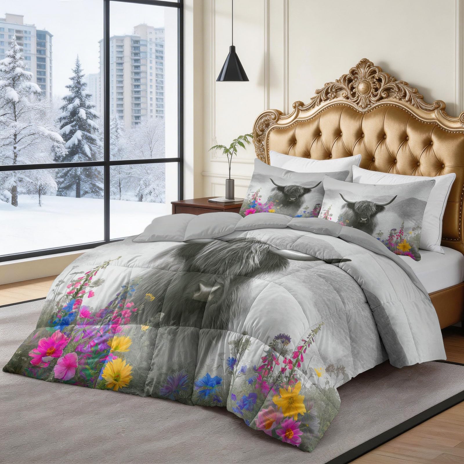 Piumone Invernale Matrimoniale 220 x 240 cm Acquerello Animali Bovini Delle Highlands Fiori Trapunta in Ecopiuma 400 gr/mq, Caldo ed Elegante – Biancheria da Letto Anallergica e Traspirante, Grigio