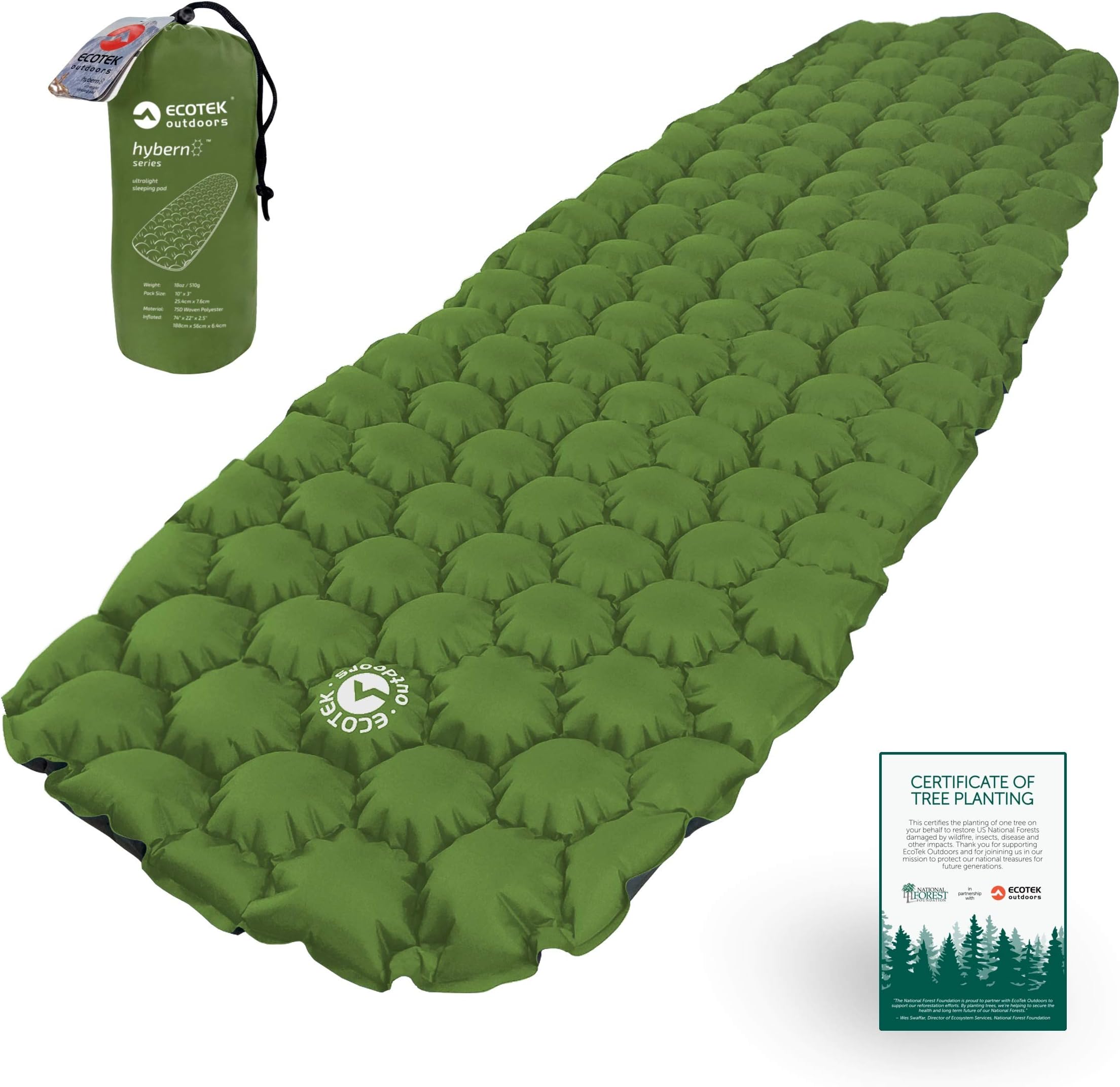 Ecotek Outdoors Hybern8 Ultralight Inflatable Sleeping Pad for Hiking Backpacking and Camping - Contoured FlexCell Design - Perfect for Sleeping Bags and Hammocks (Evergreen)