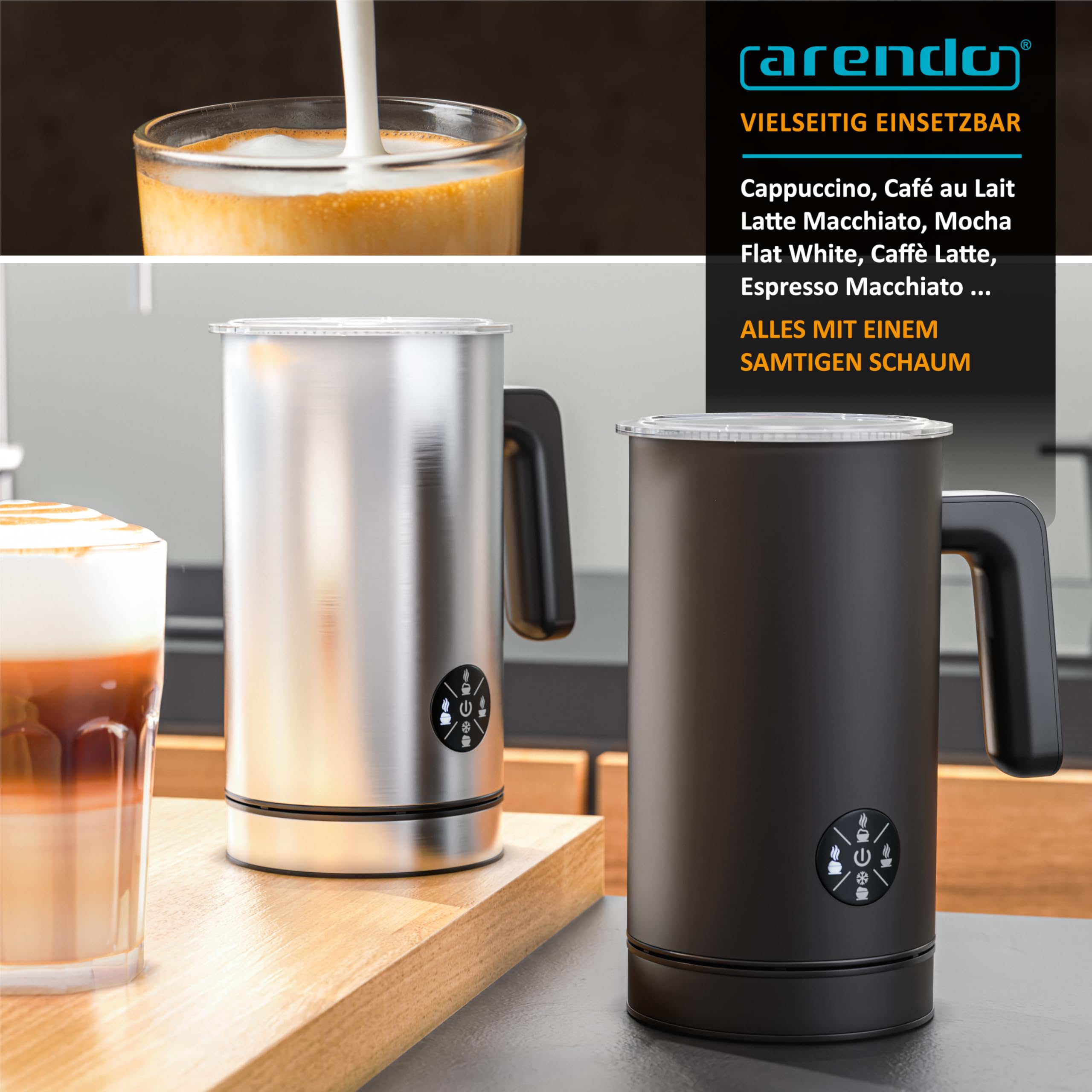 Arendo - Espumador de leche eléctrico 4 en 1 – Carcasa de doble pared – 4 programas – Espuma caliente y fría – Espuma cremosa y firme – 150-300 ml – Revestimiento antiadherente – Cappuccino Latte