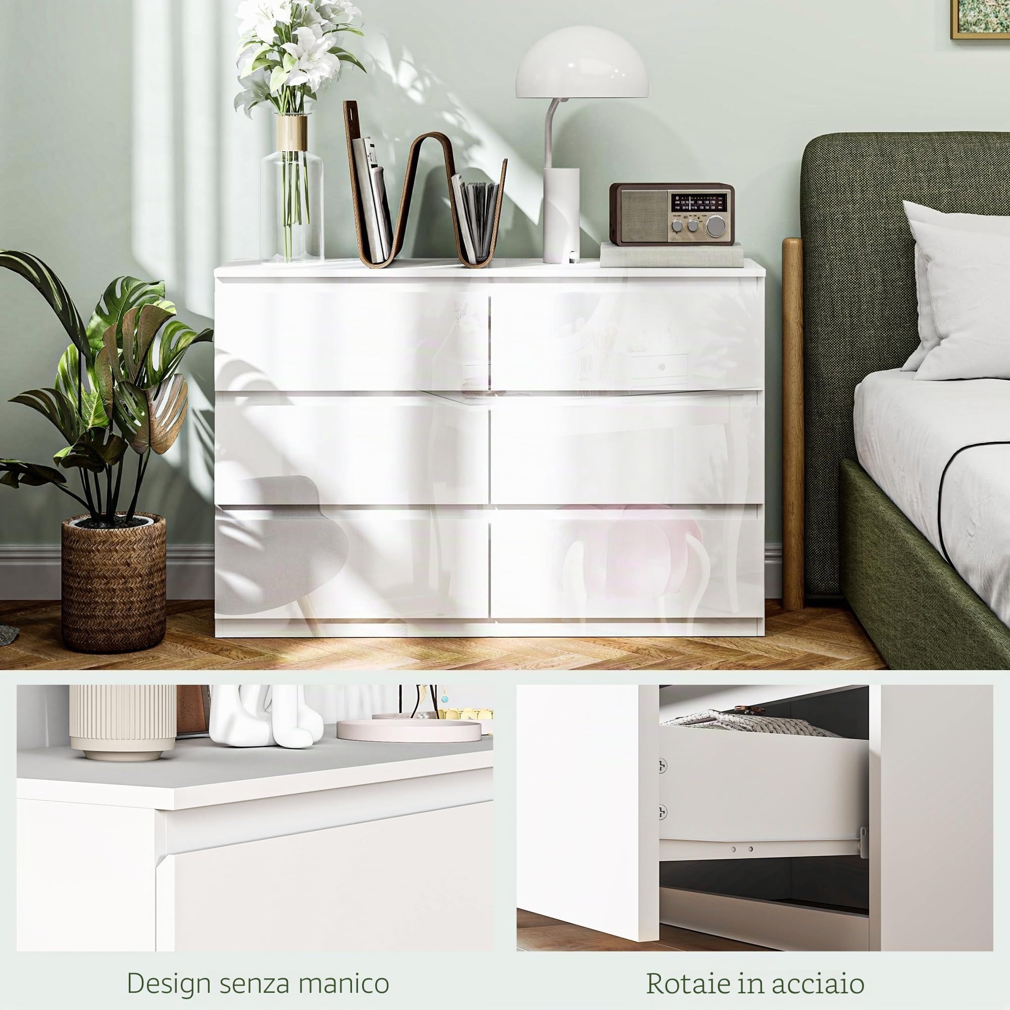 HOMCOM Cassettiera 4 cassetti 55x34x75cm bianco lucido