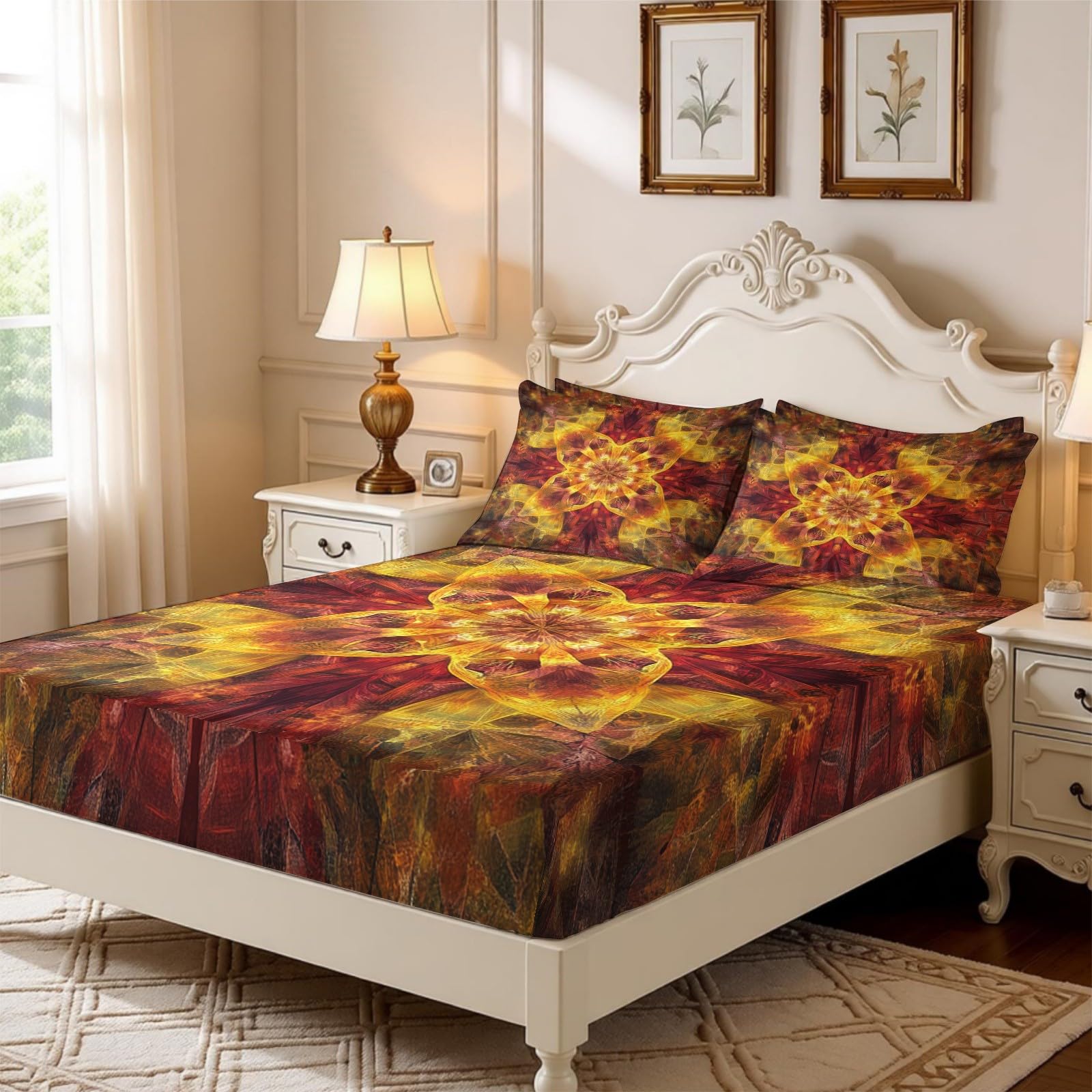 Lenzuolo con Angoli 180 x 200 cm Microfibra Caleidoscopio astratto Lenzuolo Sotto Elasticizzato Profondo 25 cm giallo per Singolo e Matrimoniale