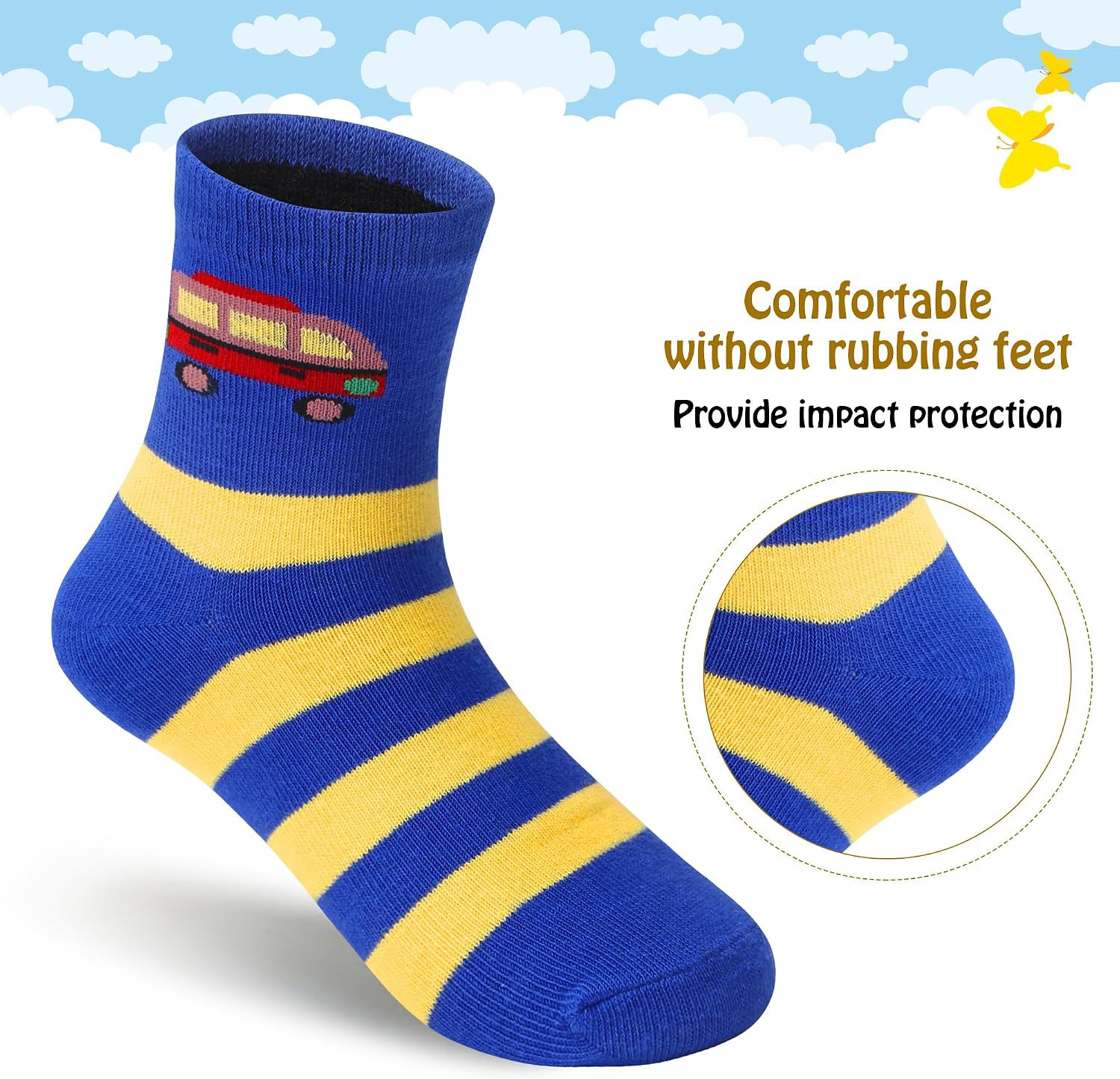 Padgene 10 Pairs Kids Boys Fun Novelty Socks Toddler None Slip Cotton Crew Dress Socks Cartoon Dinosaur Car Shark Stripes