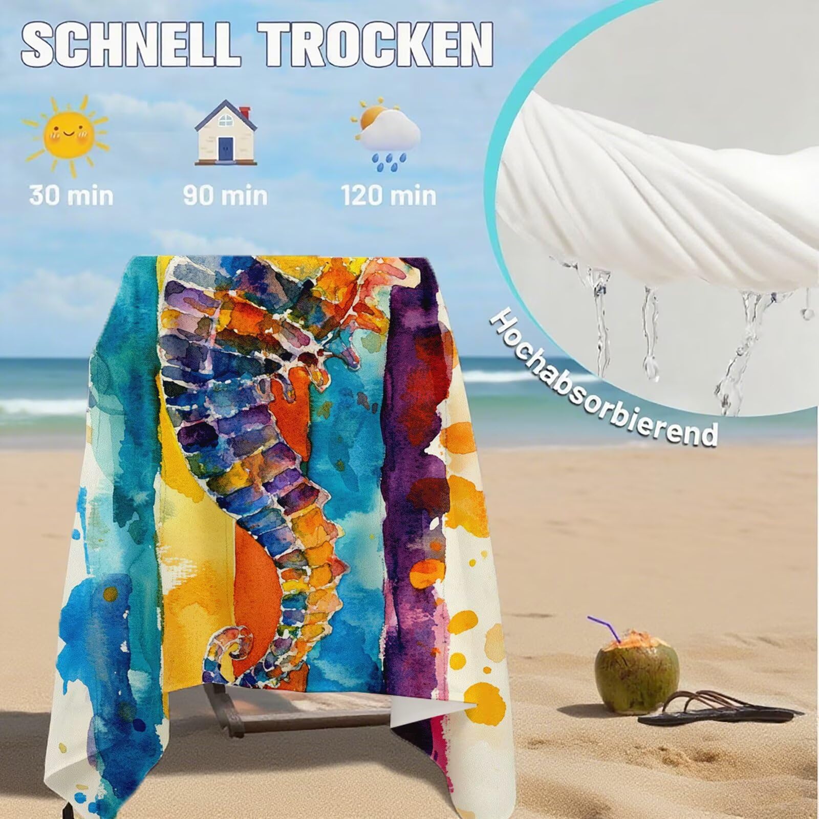 Serviette de Plage XXL 100x200 cm,Hippocampe Serviette Plage Microfibre avec Séchage Rapide, Anti-Sable, Absorbante Fonction Design pour Vacances Piscine Pique-Nique Voyages Yoga, Cadeau Femme Q-686