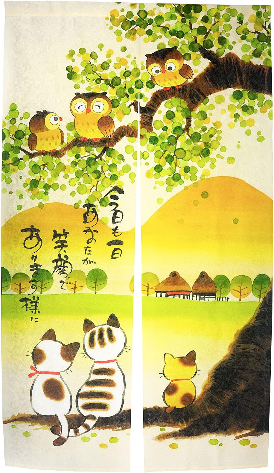 LIGICKY Japanese Style Noren Long Doorway Curtain Door Tapestry for Home Decoration 33.5 x 59 inch (Owls & Cats & Mountain)