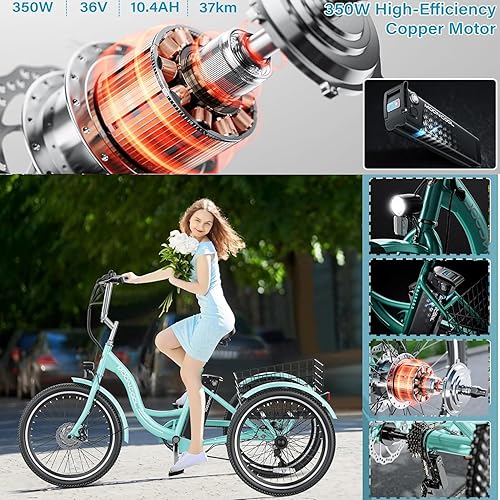 Miniatura 5 de H&ZT Triciclo eléctrico de 350 W, E-Trike de 7 velocidades con batería de litio de 36 V y 10 Ah, certificado UL, 15 MPH, 24 pulgadas26 pulgadas,