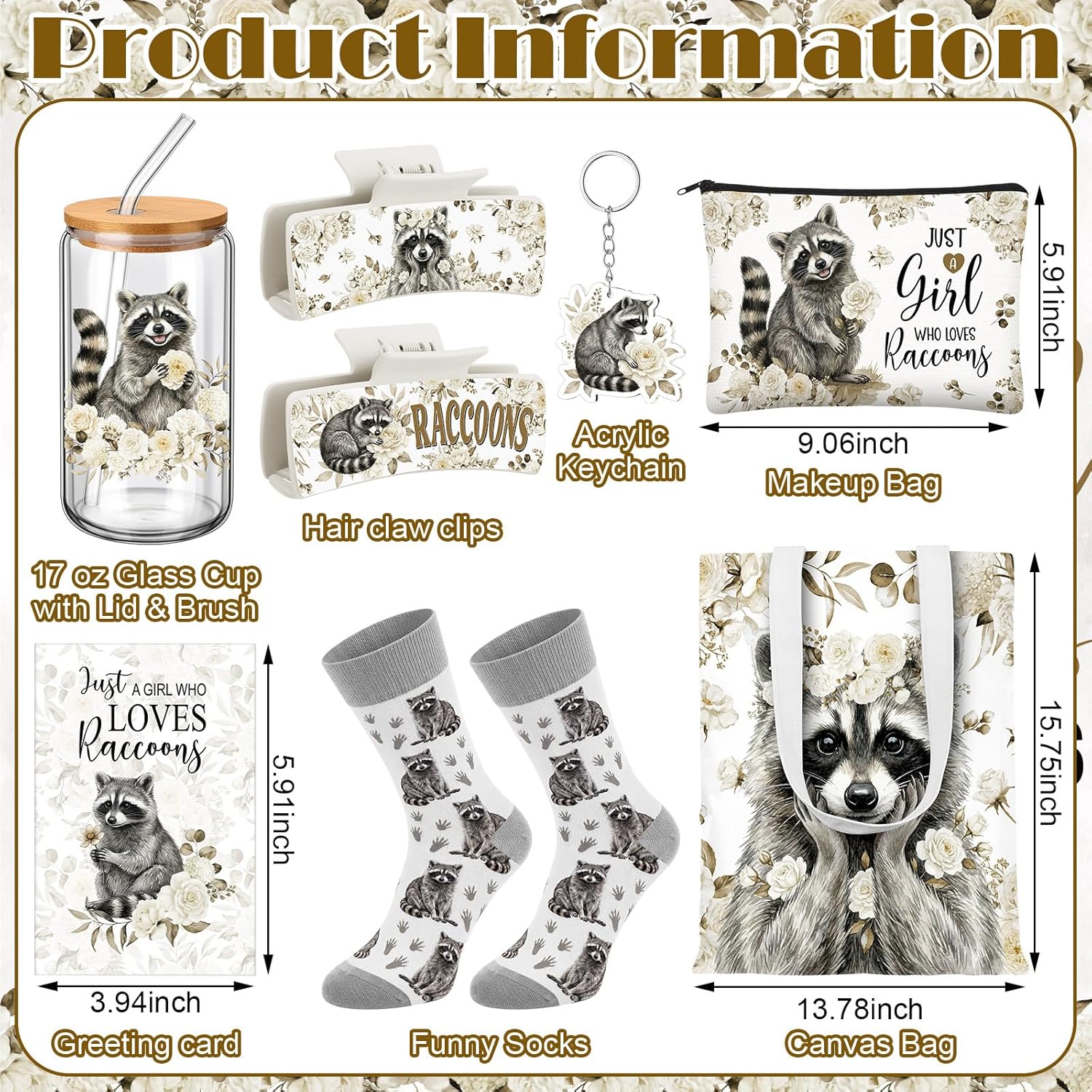 Skylety 8 Pcs Raccoon Gifts Include 16 oz Glass Cup with Lid and Straw, Canvas Tote Bag Keychain Hair Claw Clips Socks Card Girl Toiletry Bag Lover for Women for Raccoon Lover